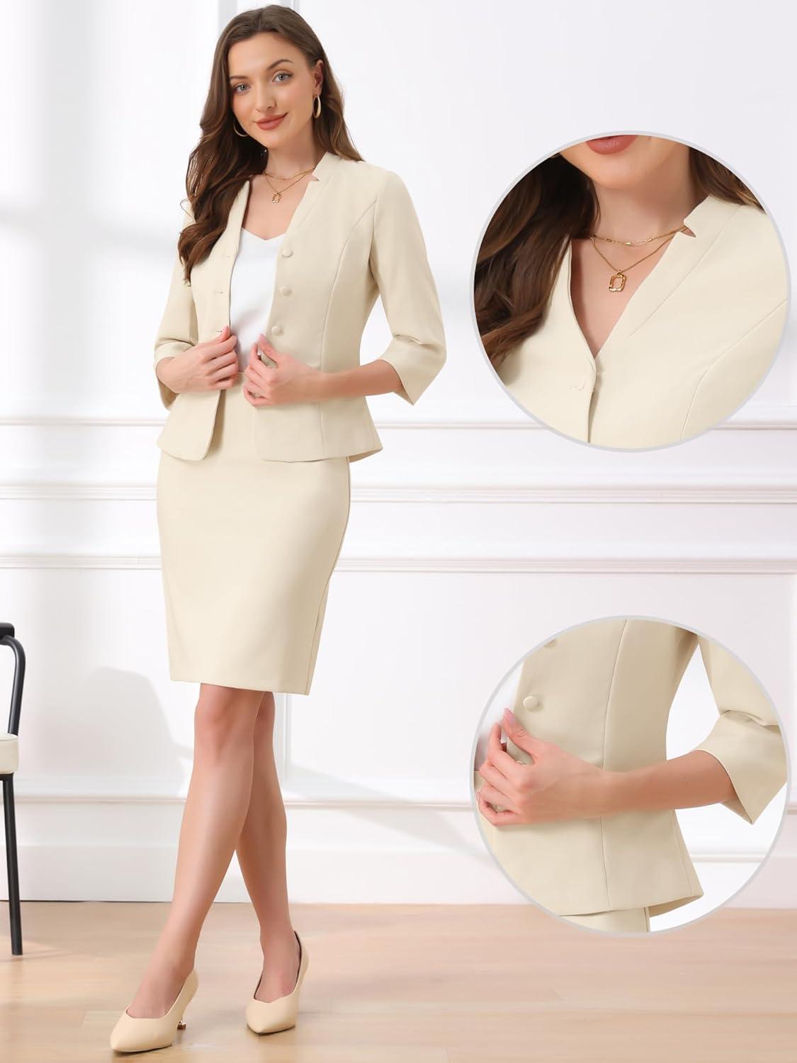imageAllegra K 2 Piece Suit Skirt Set for Womens Notched Collar Casual Business Skirt Suit Set and Blazer Pencil SkirtsLight Khaki
