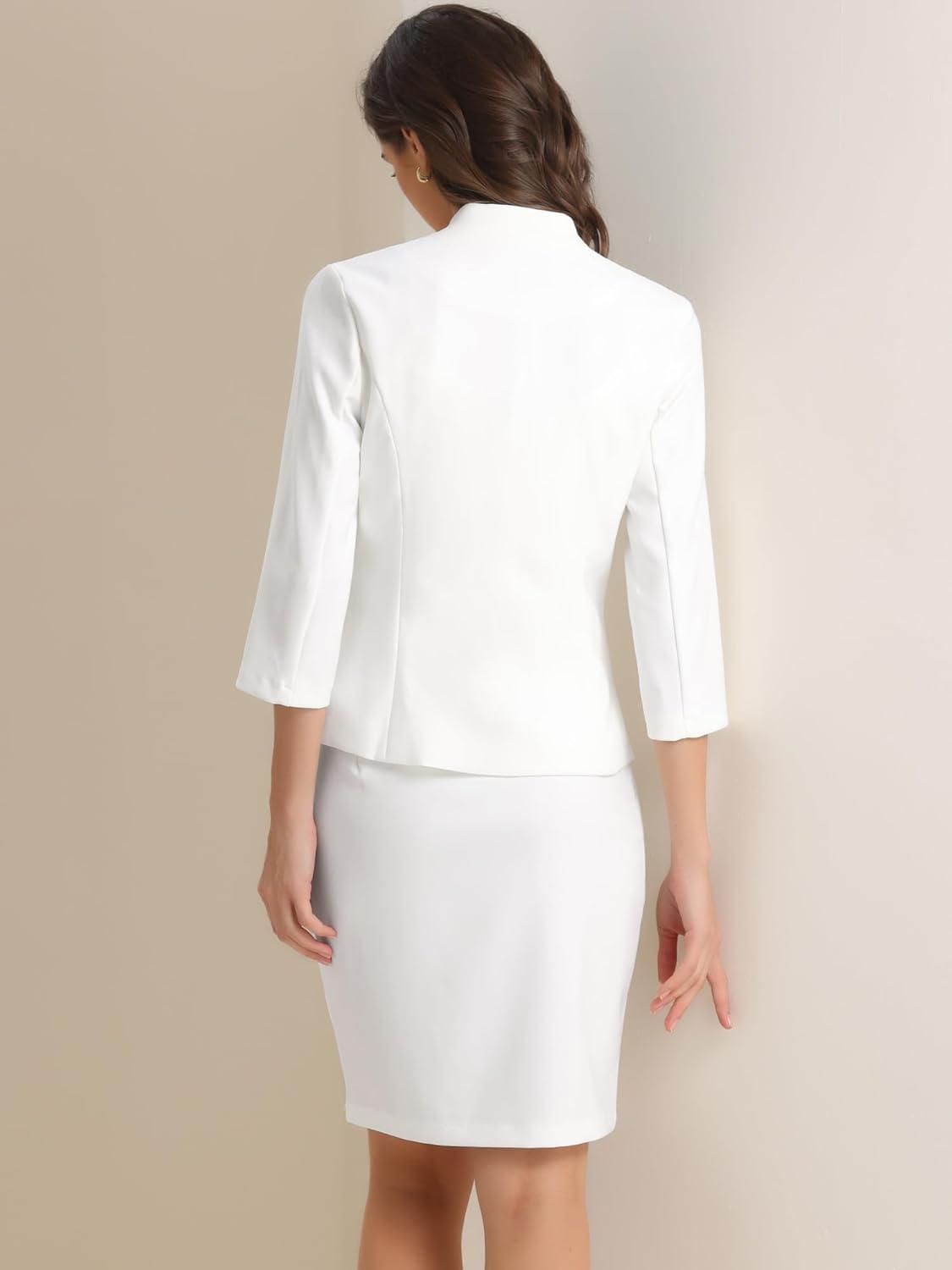imageAllegra K 2 Piece Suit Skirt Set for Womens Notched Collar Casual Business Skirt Suit Set and Blazer Pencil SkirtsWhite