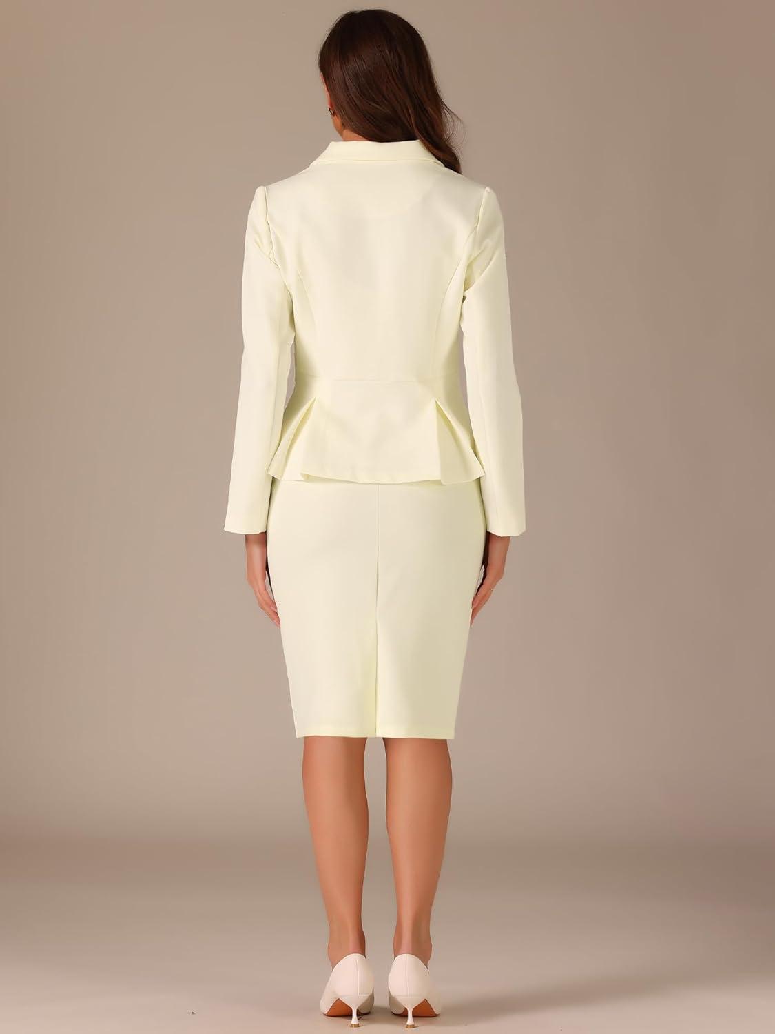 imageAllegra K 2 Piece Suit Skirt Sets for Women Blazer and Pencil Skirts Formal Office Business Casual OutfitsWhite Beige