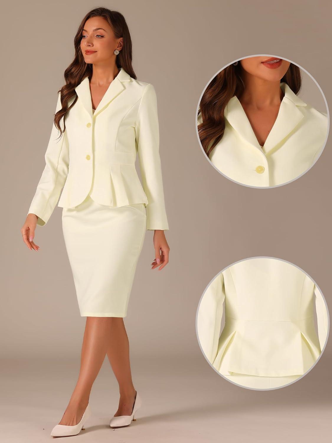 imageAllegra K 2 Piece Suit Skirt Sets for Women Blazer and Pencil Skirts Formal Office Business Casual OutfitsWhite Beige