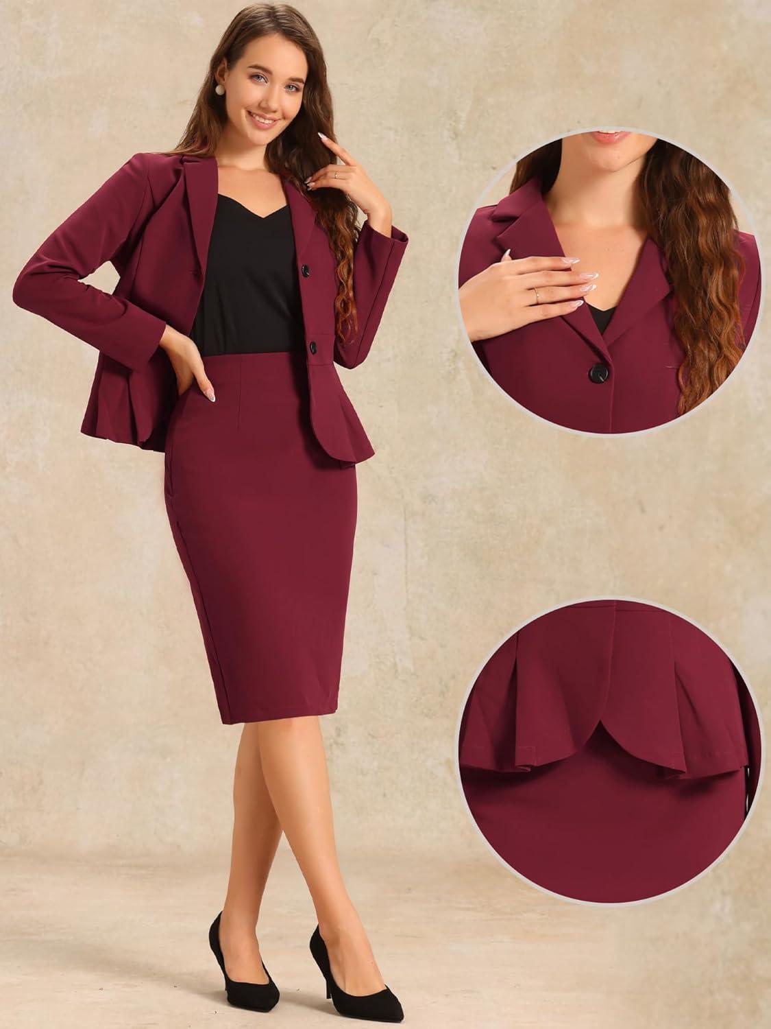 imageAllegra K 2 Piece Suit Skirt Sets for Women Blazer and Pencil Skirts Formal Office Business Casual OutfitsWine Red