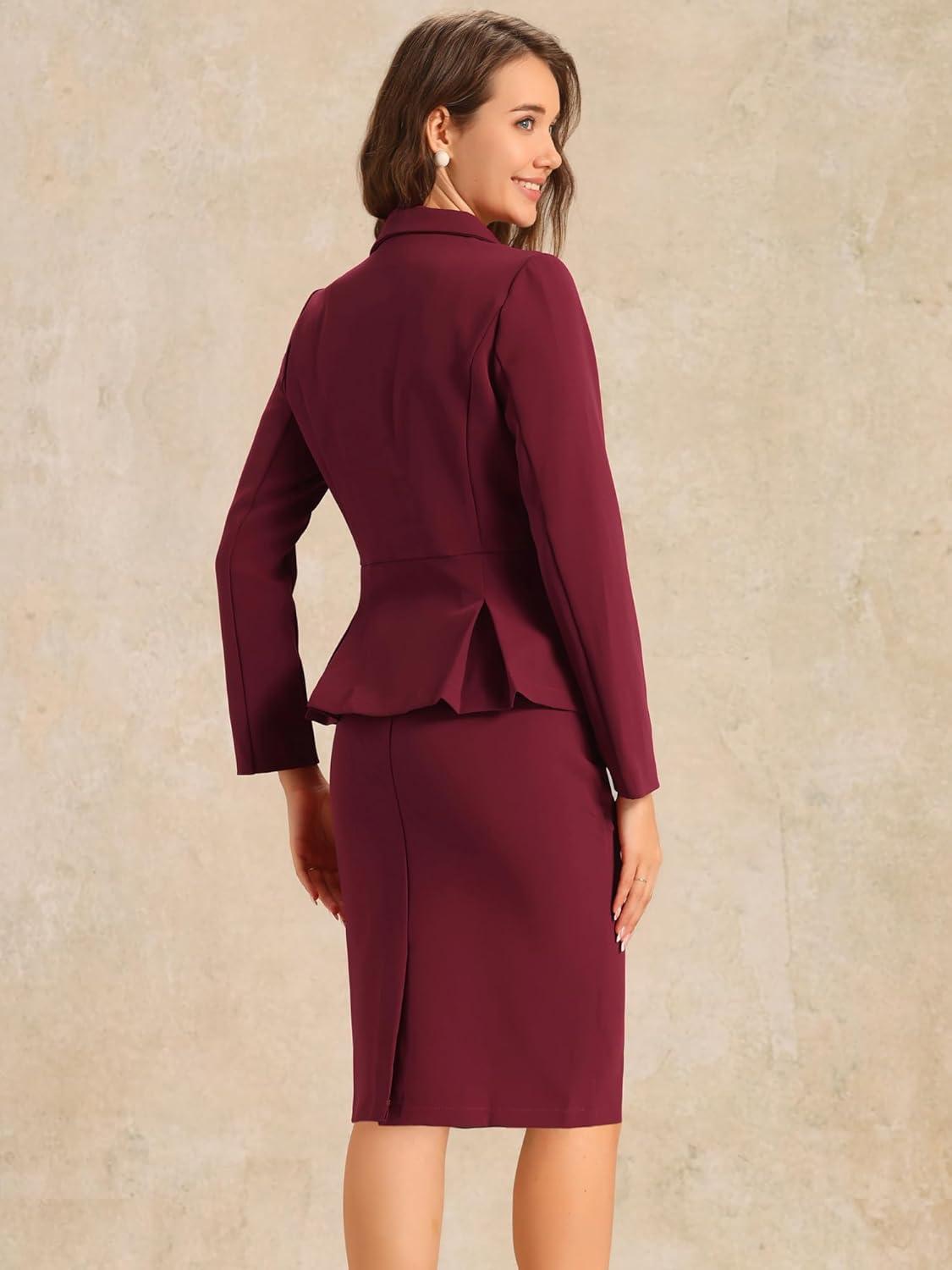 imageAllegra K 2 Piece Suit Skirt Sets for Women Blazer and Pencil Skirts Formal Office Business Casual OutfitsWine Red