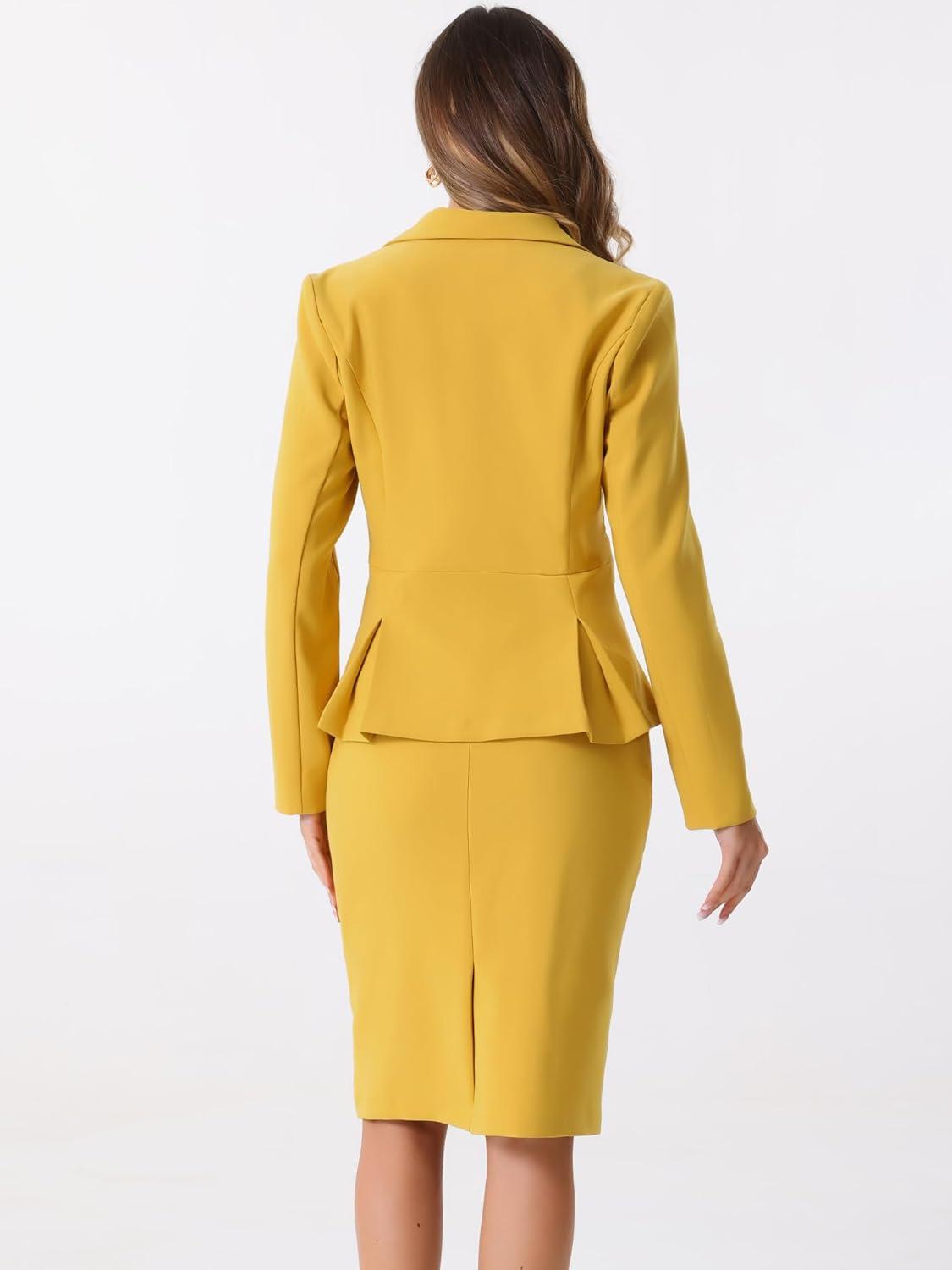 imageAllegra K 2 Piece Suit Skirt Sets for Women Blazer and Pencil Skirts Formal Office Business Casual OutfitsYellow