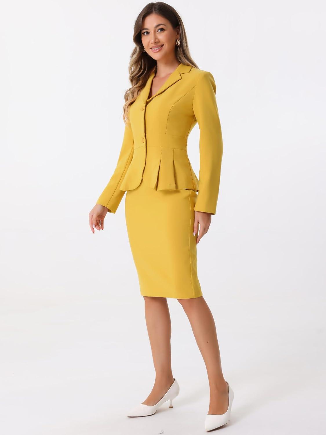 imageAllegra K 2 Piece Suit Skirt Sets for Women Blazer and Pencil Skirts Formal Office Business Casual OutfitsYellow