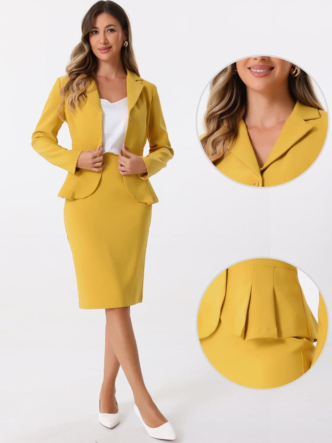 imageAllegra K 2 Piece Suit Skirt Sets for Women Blazer and Pencil Skirts Formal Office Business Casual OutfitsYellow
