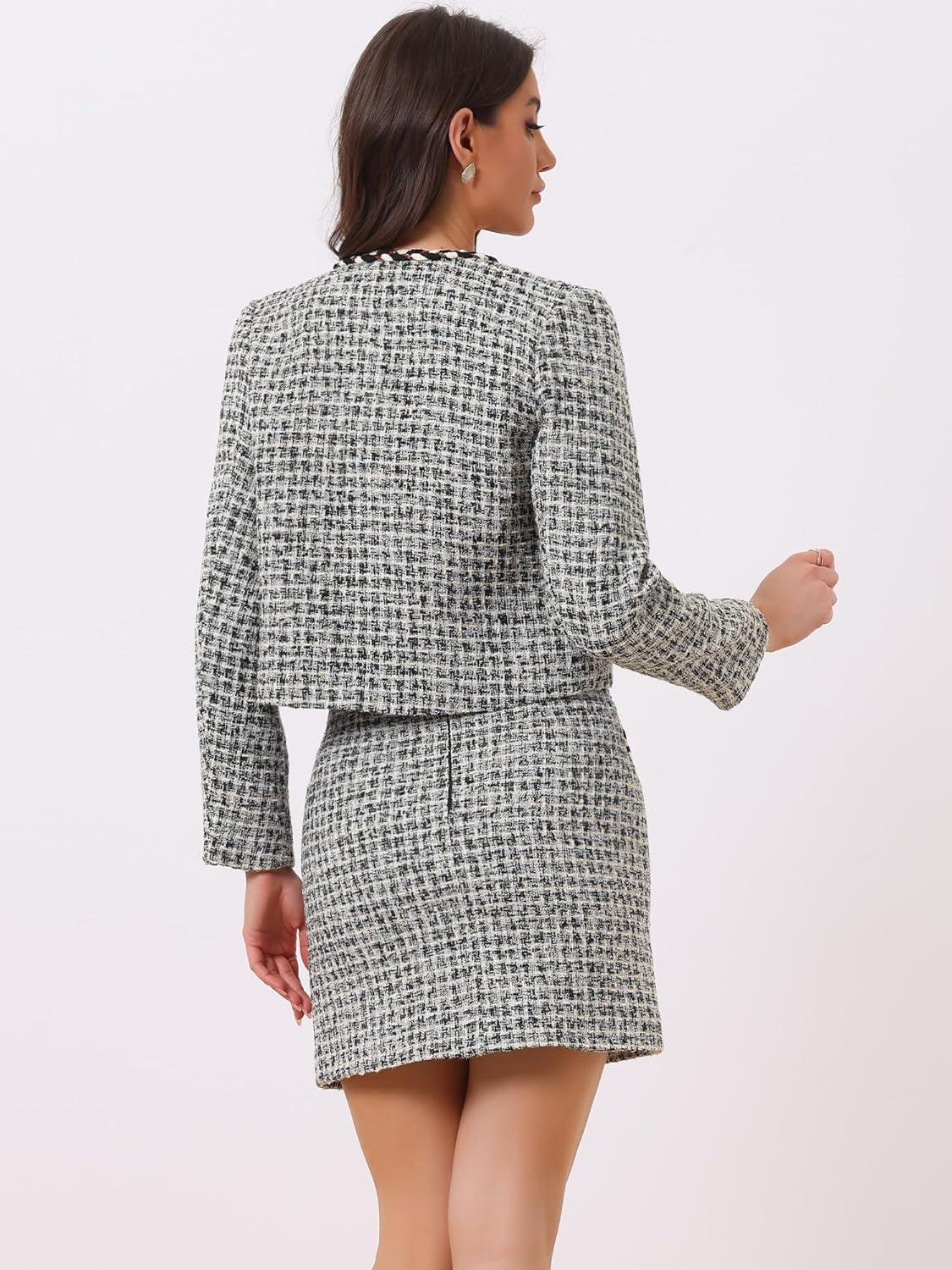 imageAllegra K 2 Piece Tweed Plaid Skirt Set for Womens Business Collarless Blazer and Mini Skirt Suit SetsBlack