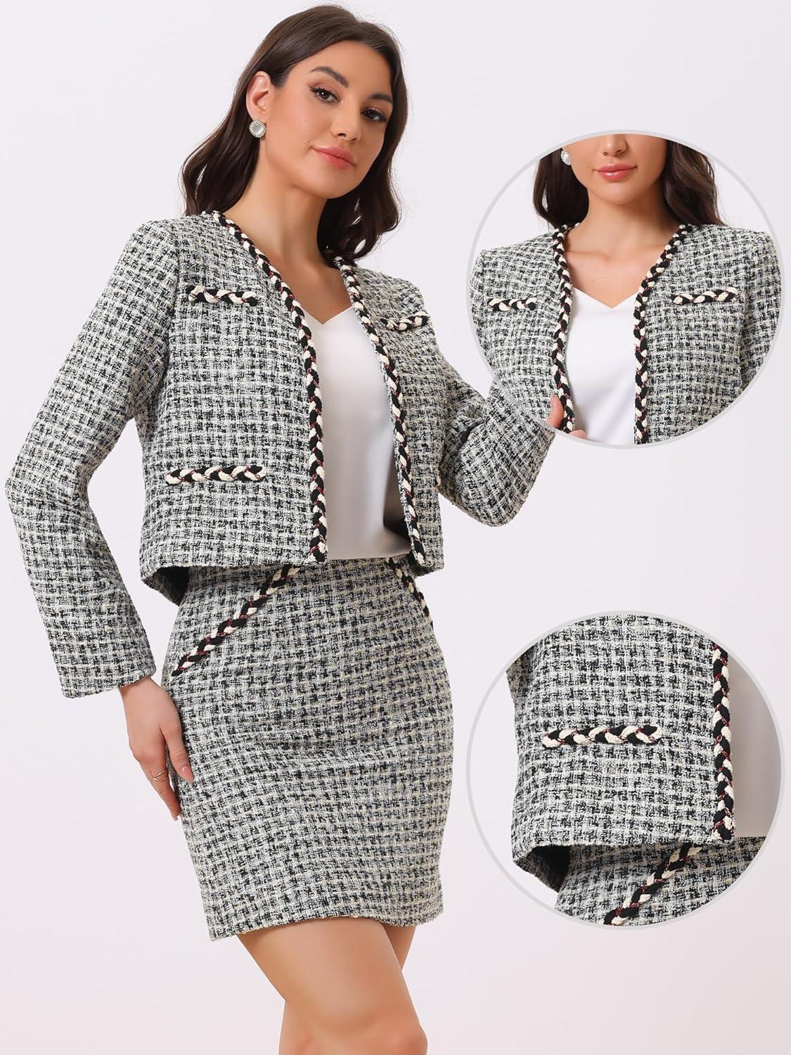 imageAllegra K 2 Piece Tweed Plaid Skirt Set for Womens Business Collarless Blazer and Mini Skirt Suit SetsBlack