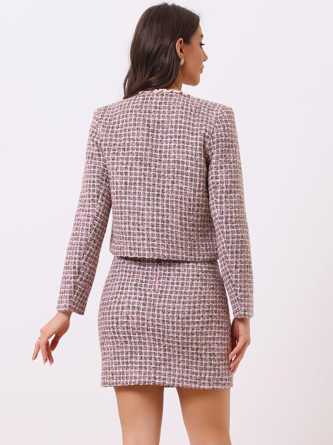 imageAllegra K 2 Piece Tweed Plaid Skirt Set for Womens Business Collarless Blazer and Mini Skirt Suit SetsPink Purple
