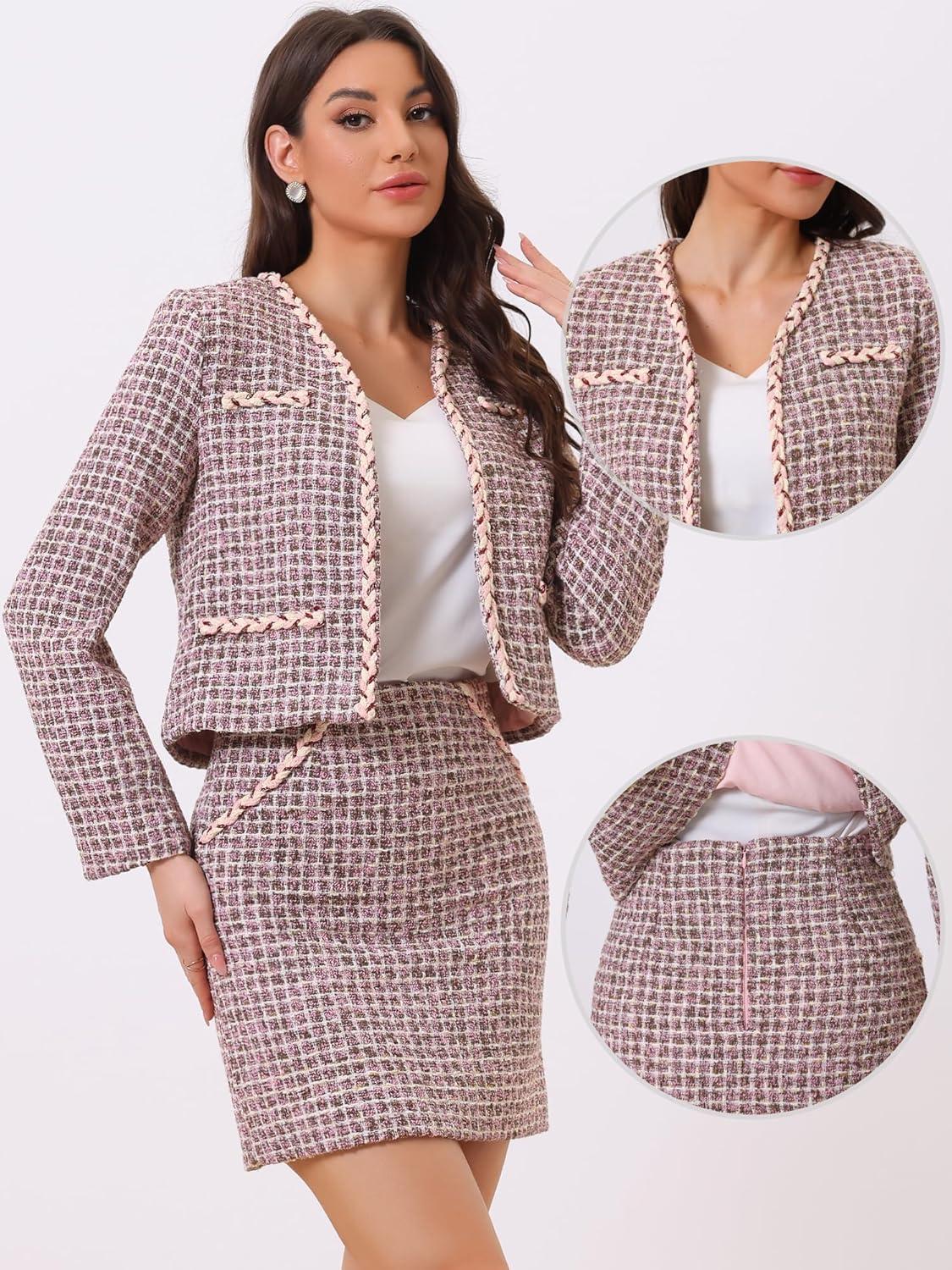 imageAllegra K 2 Piece Tweed Plaid Skirt Set for Womens Business Collarless Blazer and Mini Skirt Suit SetsPink Purple