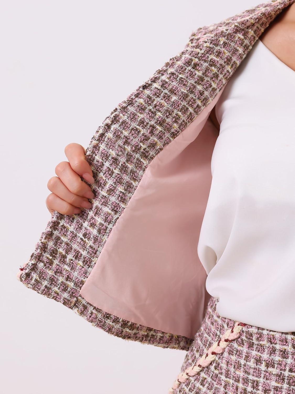 imageAllegra K 2 Piece Tweed Plaid Skirt Set for Womens Business Collarless Blazer and Mini Skirt Suit SetsPink Purple