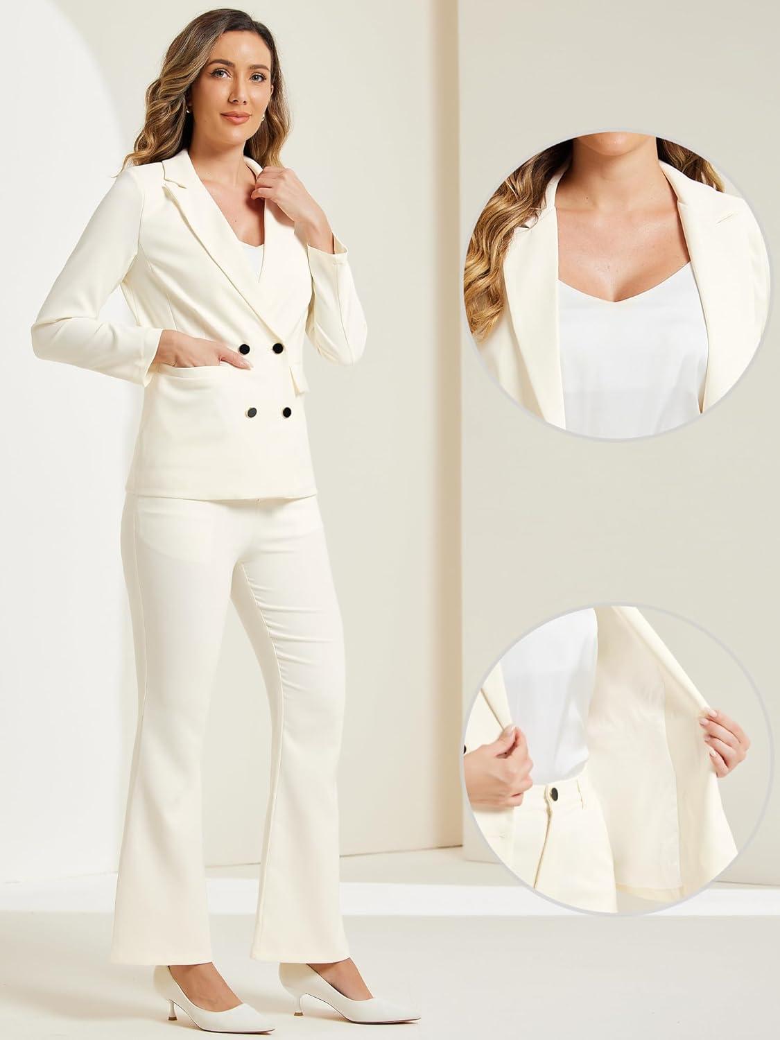 imageAllegra K 2 Piece Work Suit for Womens Business Formal DoubleBreasted Blazer and Pants SetBeige