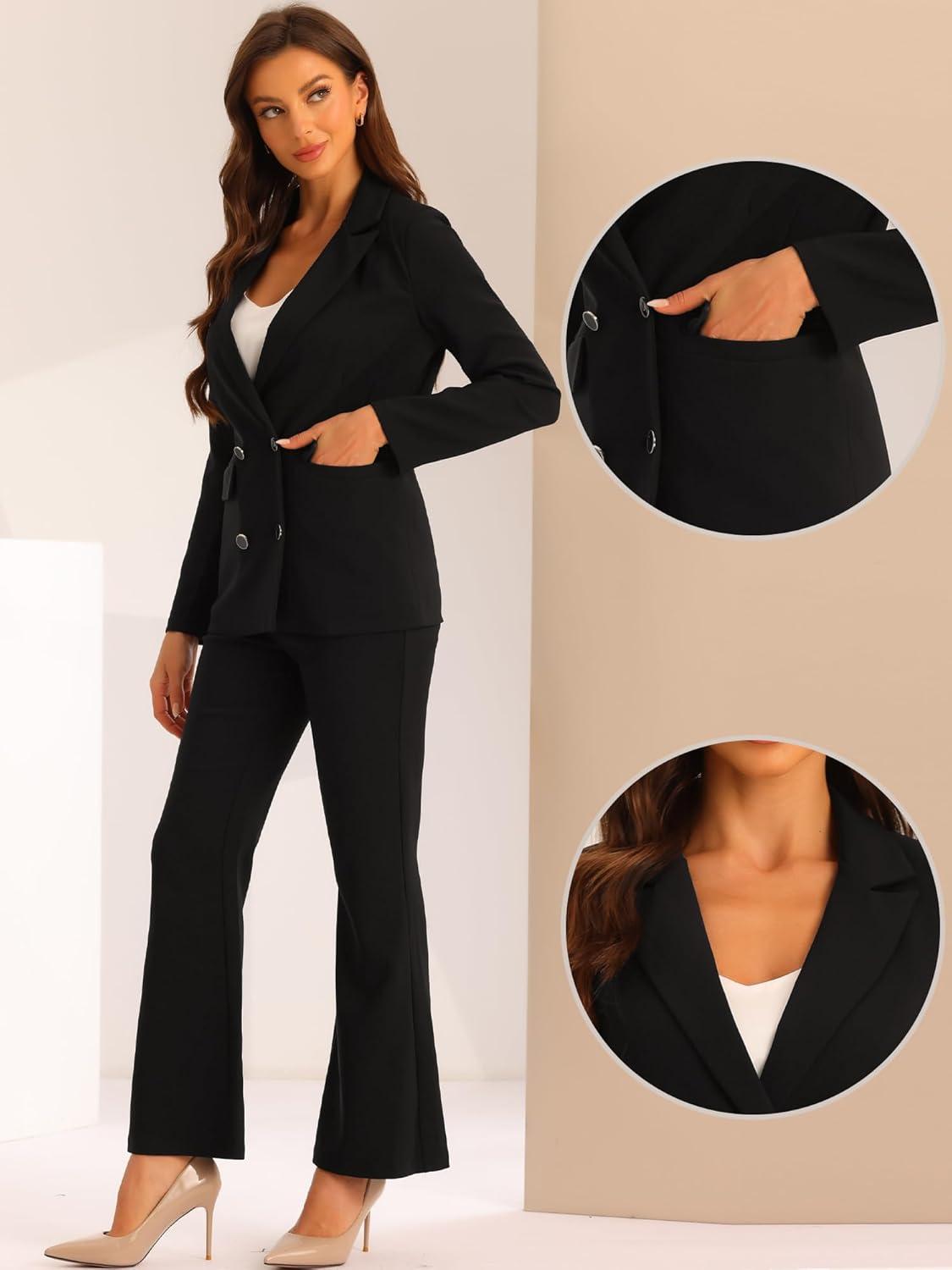 imageAllegra K 2 Piece Work Suit for Womens Business Formal DoubleBreasted Blazer and Pants SetBlack