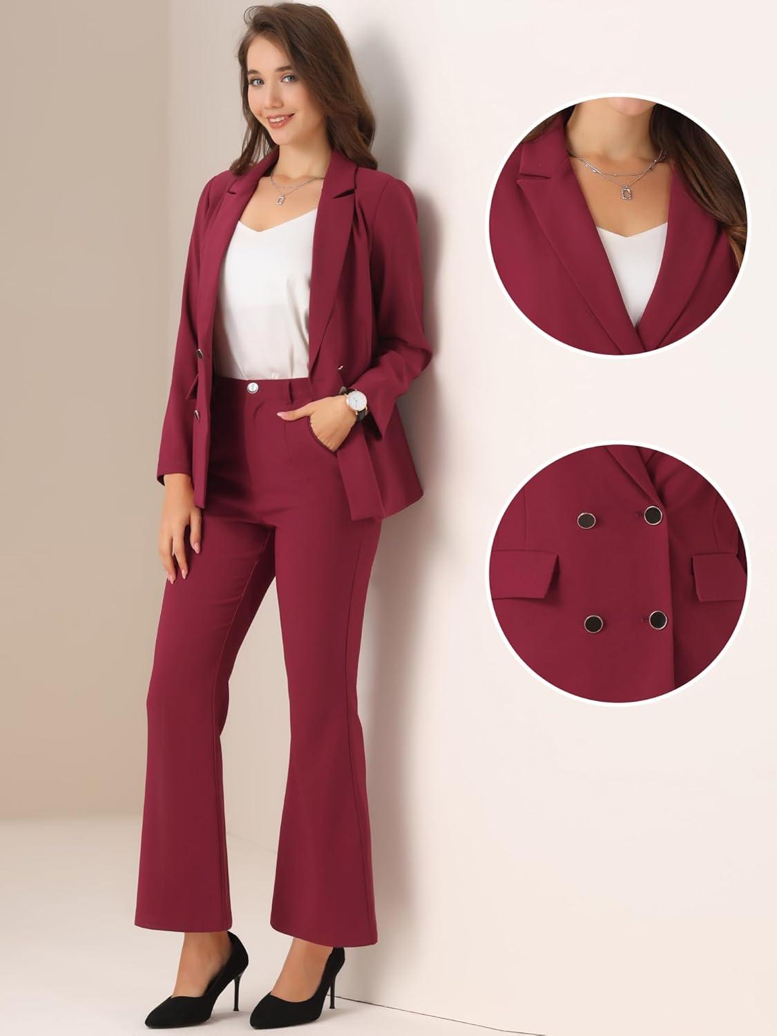 imageAllegra K 2 Piece Work Suit for Womens Business Formal DoubleBreasted Blazer and Pants SetBurgundy