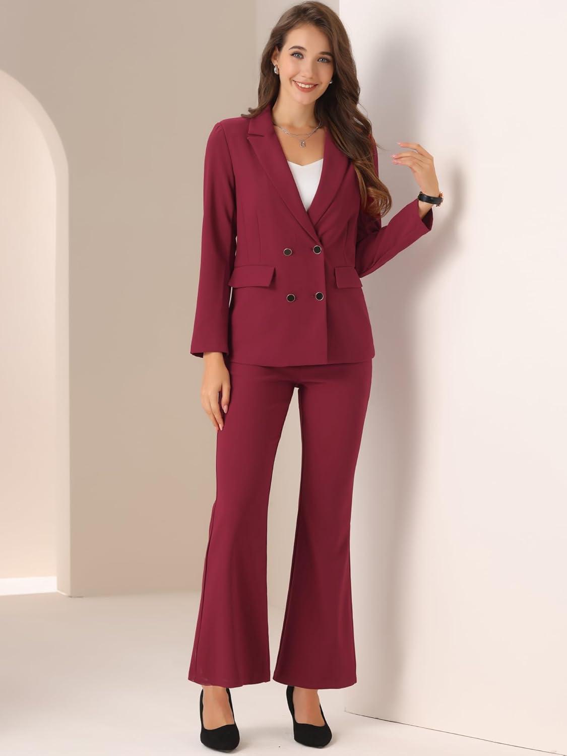 imageAllegra K 2 Piece Work Suit for Womens Business Formal DoubleBreasted Blazer and Pants SetBurgundy