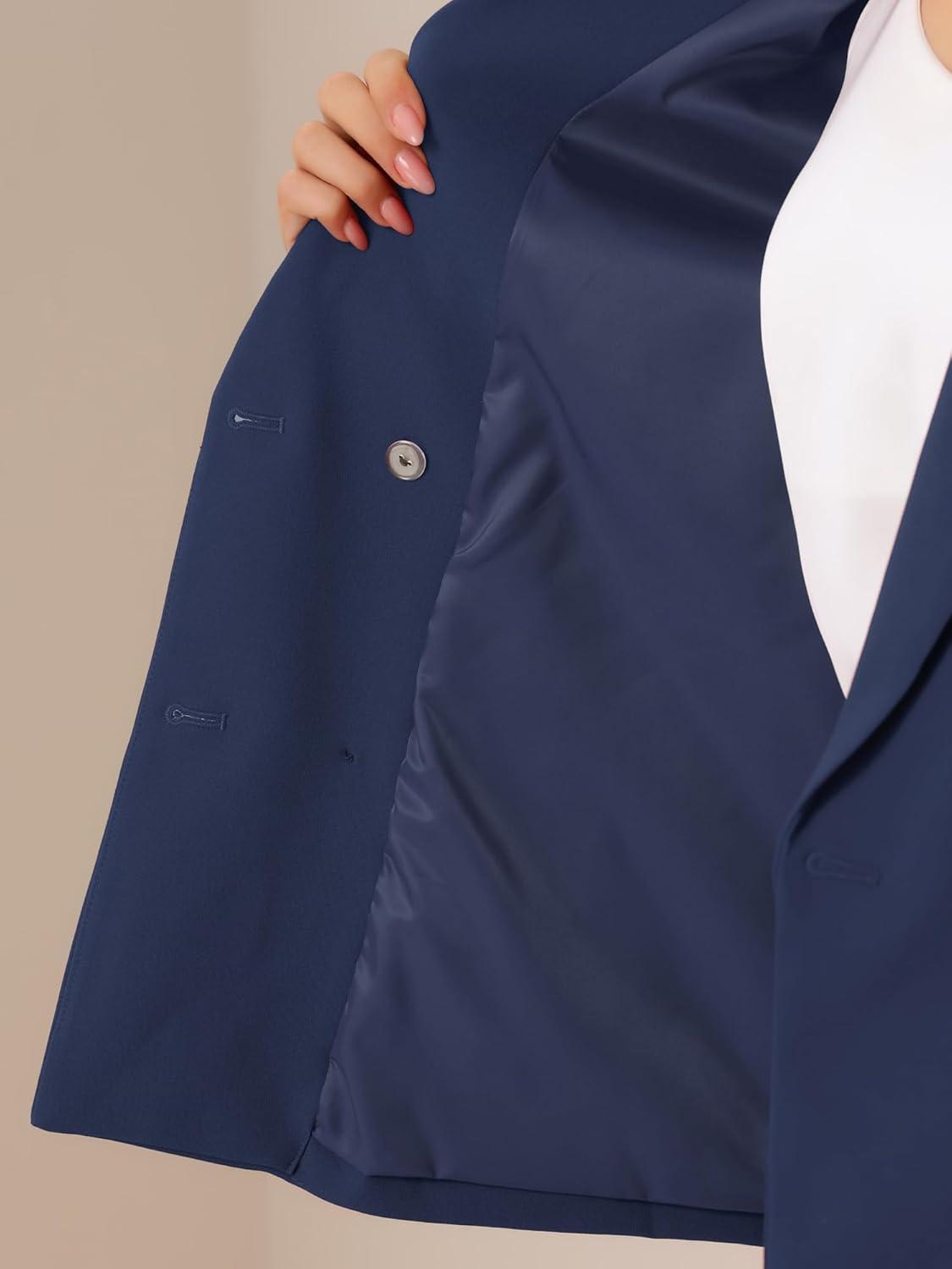 imageAllegra K 2 Piece Work Suit for Womens Business Formal DoubleBreasted Blazer and Pants SetDark Blue