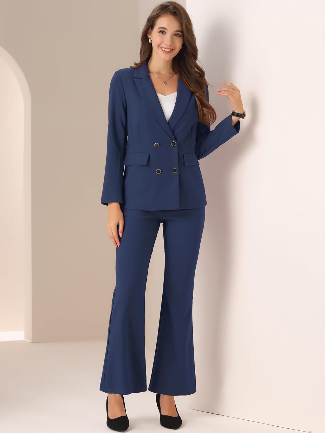 imageAllegra K 2 Piece Work Suit for Womens Business Formal DoubleBreasted Blazer and Pants SetDark Blue