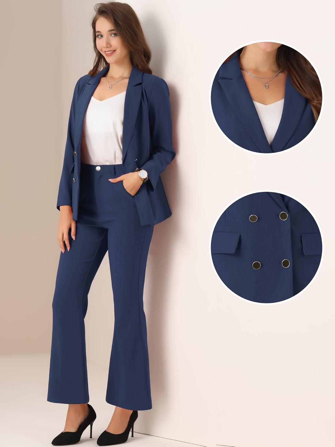 imageAllegra K 2 Piece Work Suit for Womens Business Formal DoubleBreasted Blazer and Pants SetDark Blue