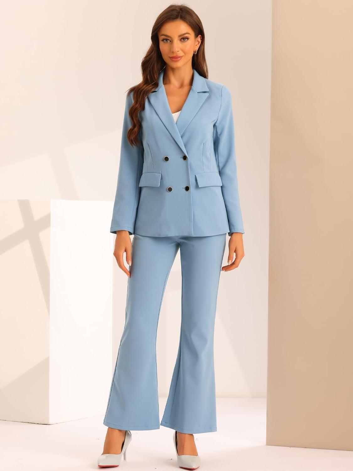 imageAllegra K 2 Piece Work Suit for Womens Business Formal DoubleBreasted Blazer and Pants SetGray Blue