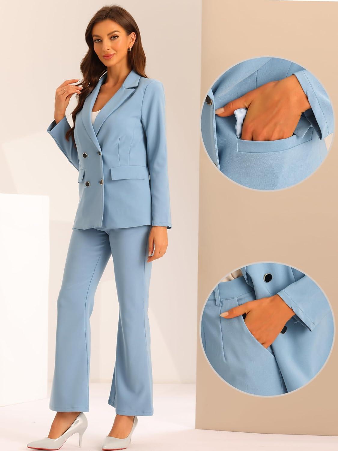 imageAllegra K 2 Piece Work Suit for Womens Business Formal DoubleBreasted Blazer and Pants SetGray Blue