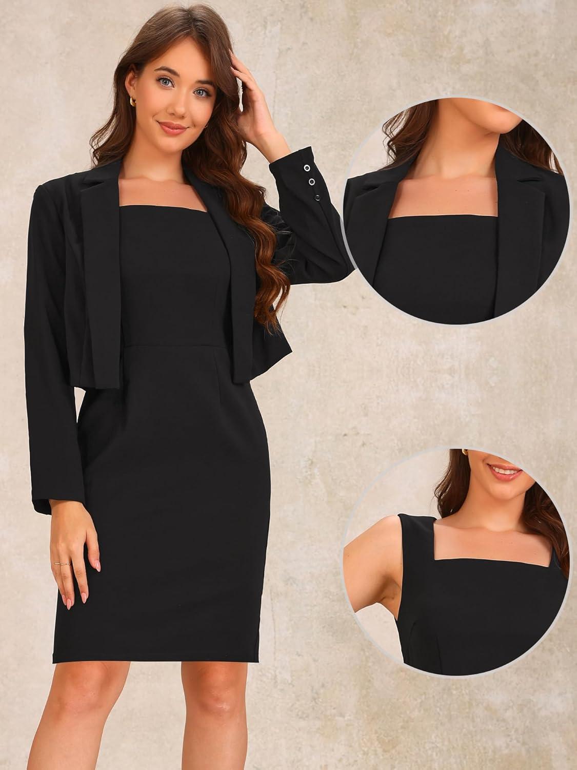 imageAllegra K Business Blazer Dress Suit Sets for Women Casual Long Sleeve Blazer and Sleeveless Dresses Work Office OutfitsBlack