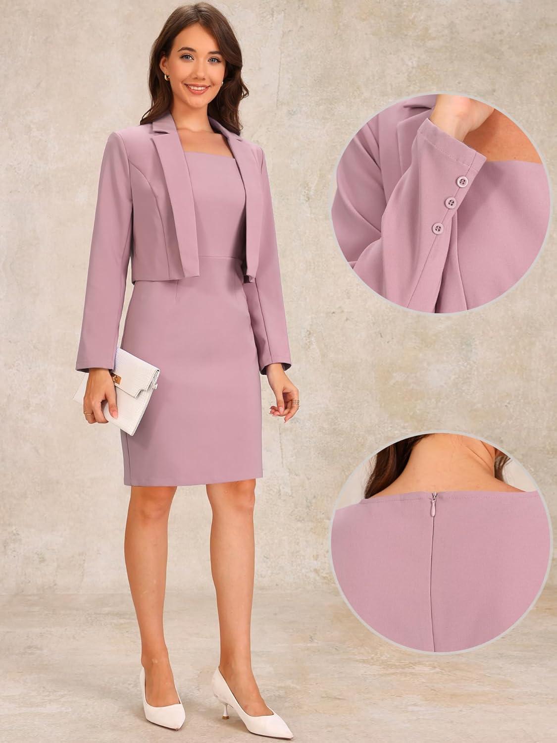 imageAllegra K Business Blazer Dress Suit Sets for Women Casual Long Sleeve Blazer and Sleeveless Dresses Work Office OutfitsGrey Pink