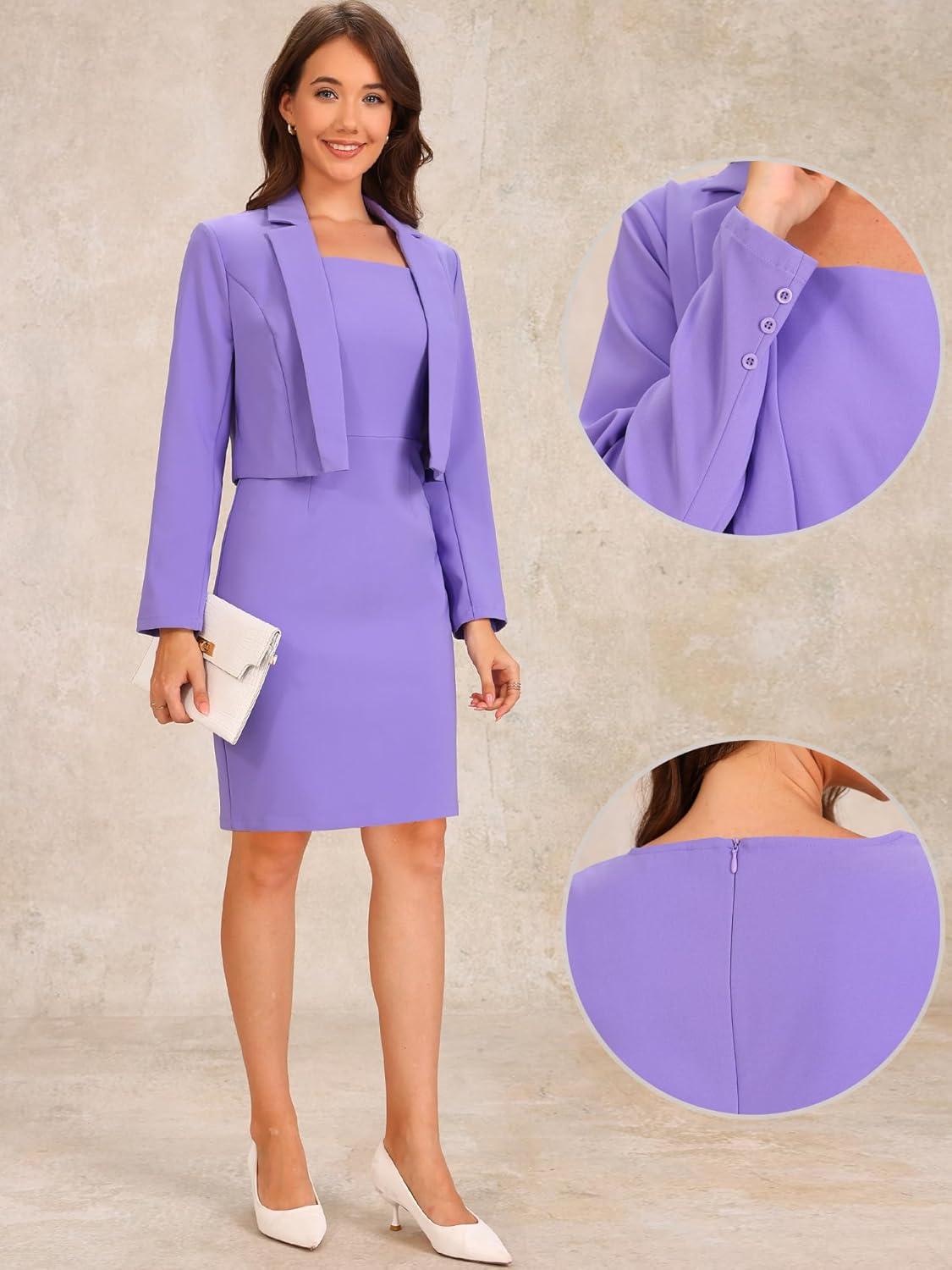 imageAllegra K Business Blazer Dress Suit Sets for Women Casual Long Sleeve Blazer and Sleeveless Dresses Work Office OutfitsPurple