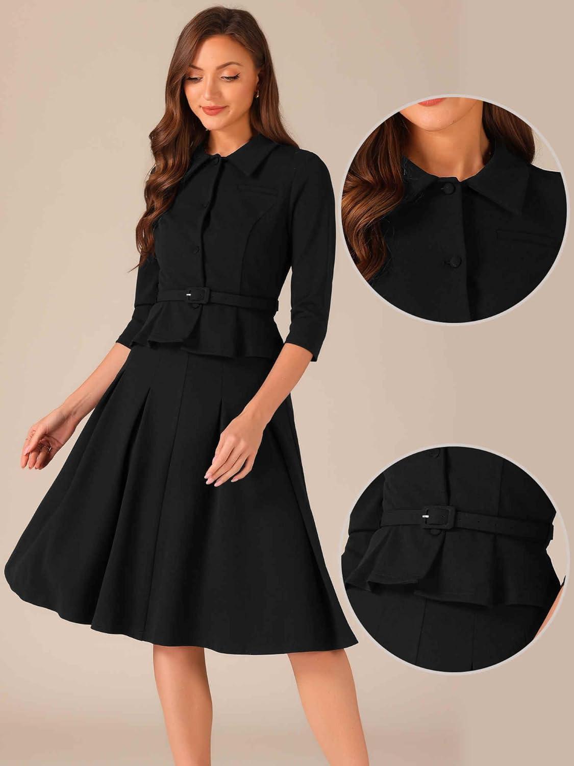 imageAllegra K Business Skirt Suit Sets for Womens 2 Piece Outfits Office 34 Sleeve Blazer Jacket Pleated SkirtsBlack