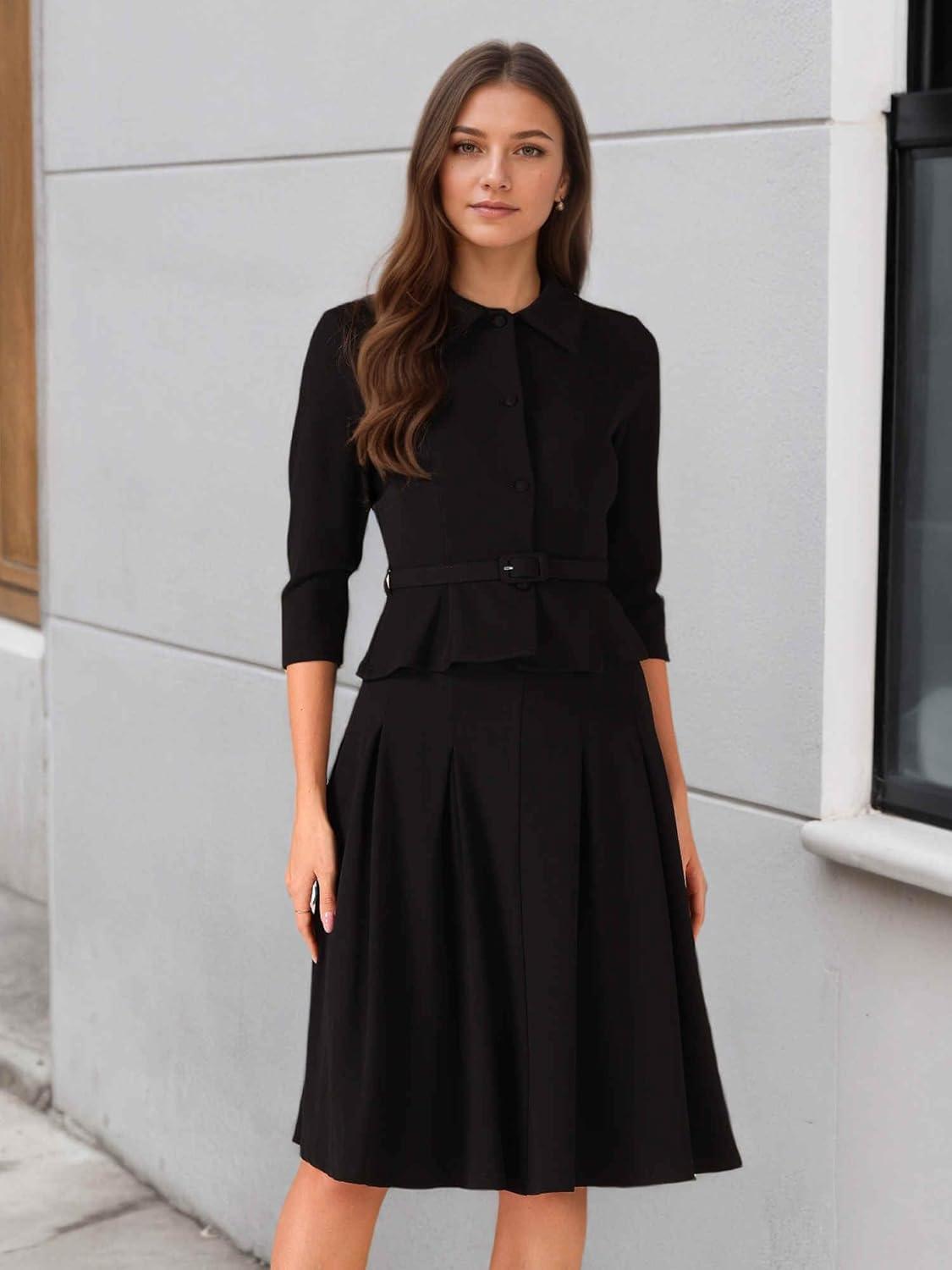 imageAllegra K Business Skirt Suit Sets for Womens 2 Piece Outfits Office 34 Sleeve Blazer Jacket Pleated SkirtsBlack