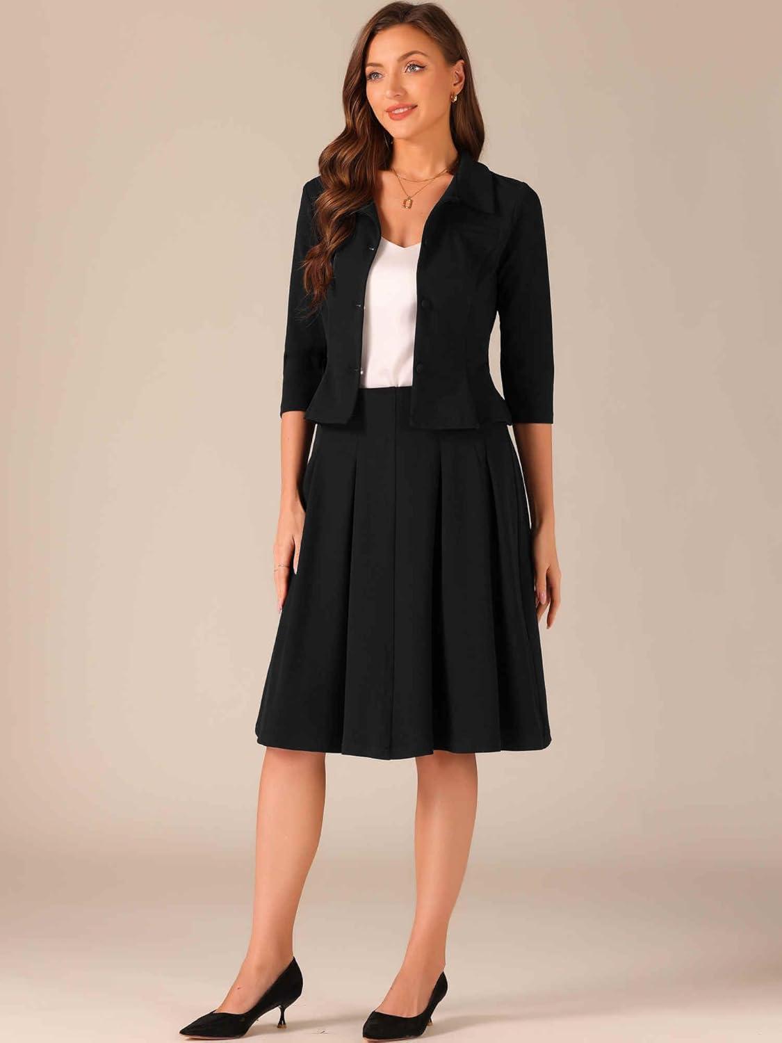 imageAllegra K Business Skirt Suit Sets for Womens 2 Piece Outfits Office 34 Sleeve Blazer Jacket Pleated SkirtsBlack