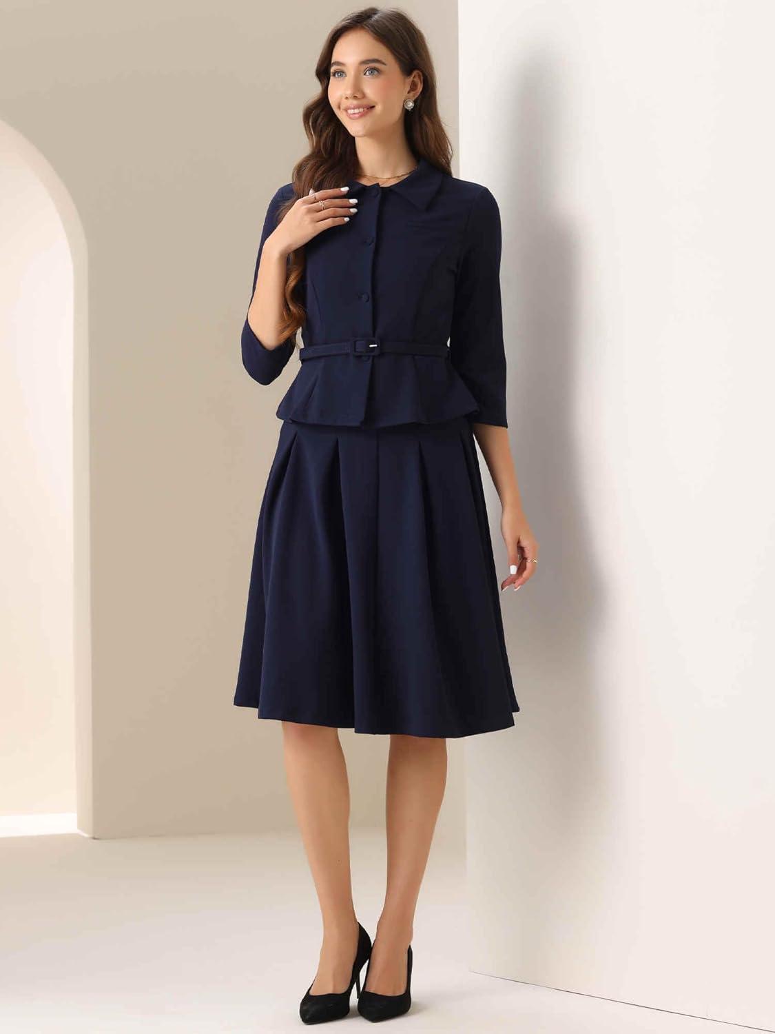 imageAllegra K Business Skirt Suit Sets for Womens 2 Piece Outfits Office 34 Sleeve Blazer Jacket Pleated SkirtsDark Blue
