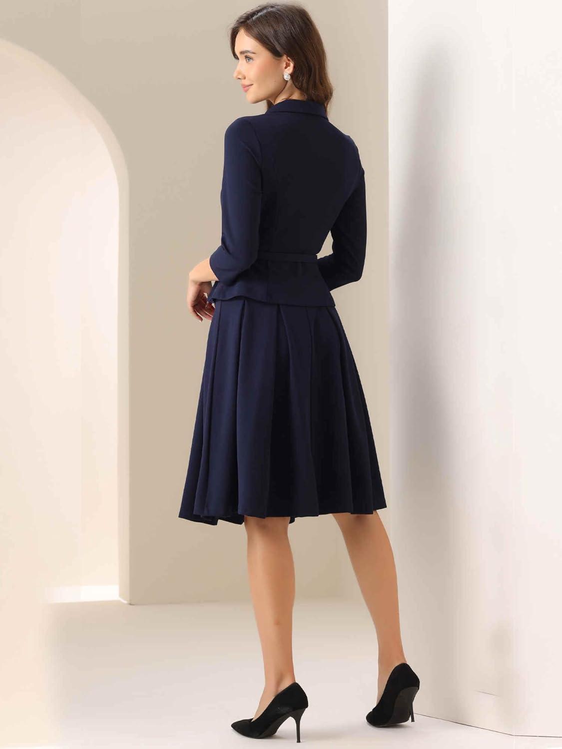 imageAllegra K Business Skirt Suit Sets for Womens 2 Piece Outfits Office 34 Sleeve Blazer Jacket Pleated SkirtsDark Blue