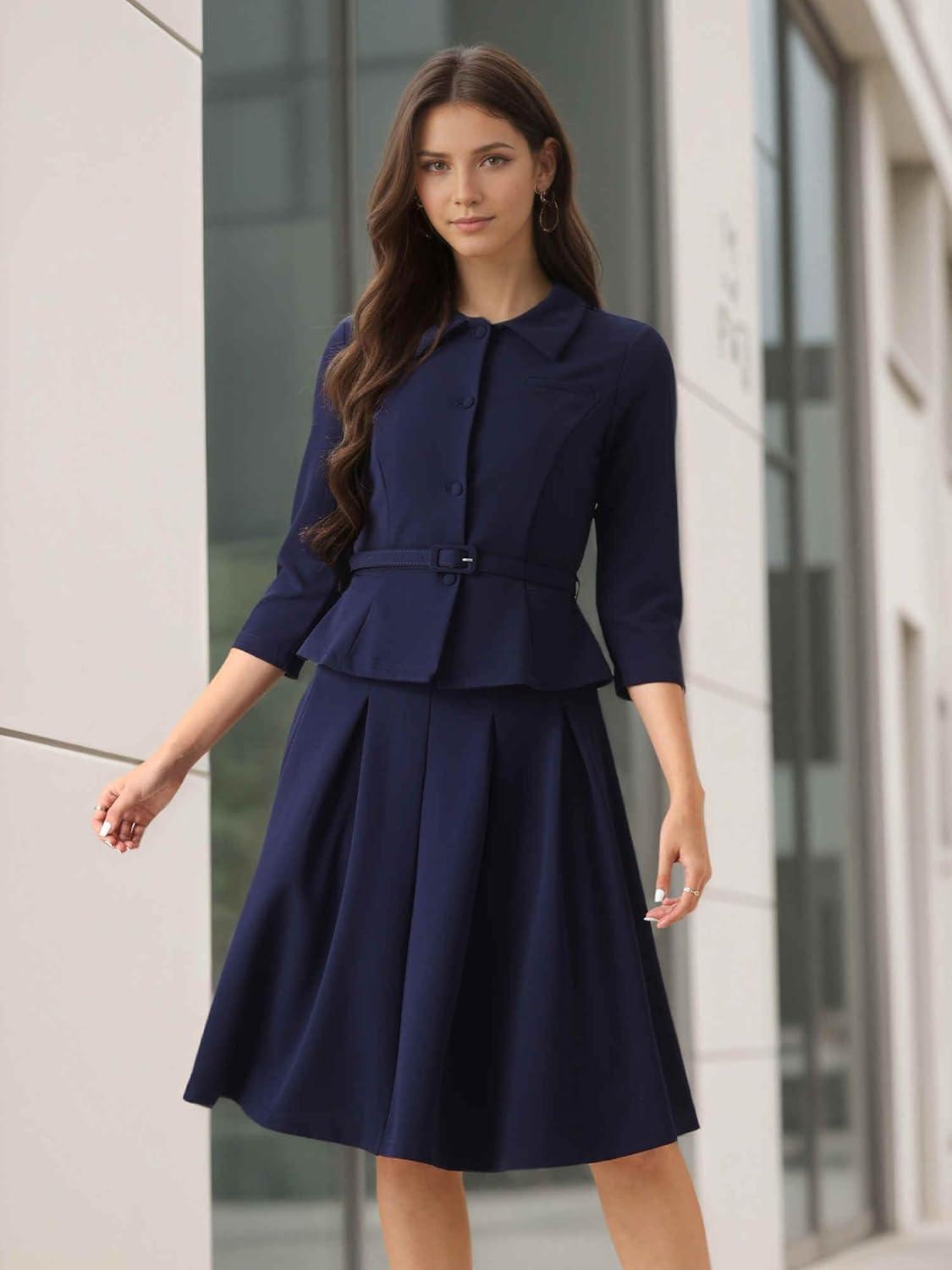 imageAllegra K Business Skirt Suit Sets for Womens 2 Piece Outfits Office 34 Sleeve Blazer Jacket Pleated SkirtsDark Blue