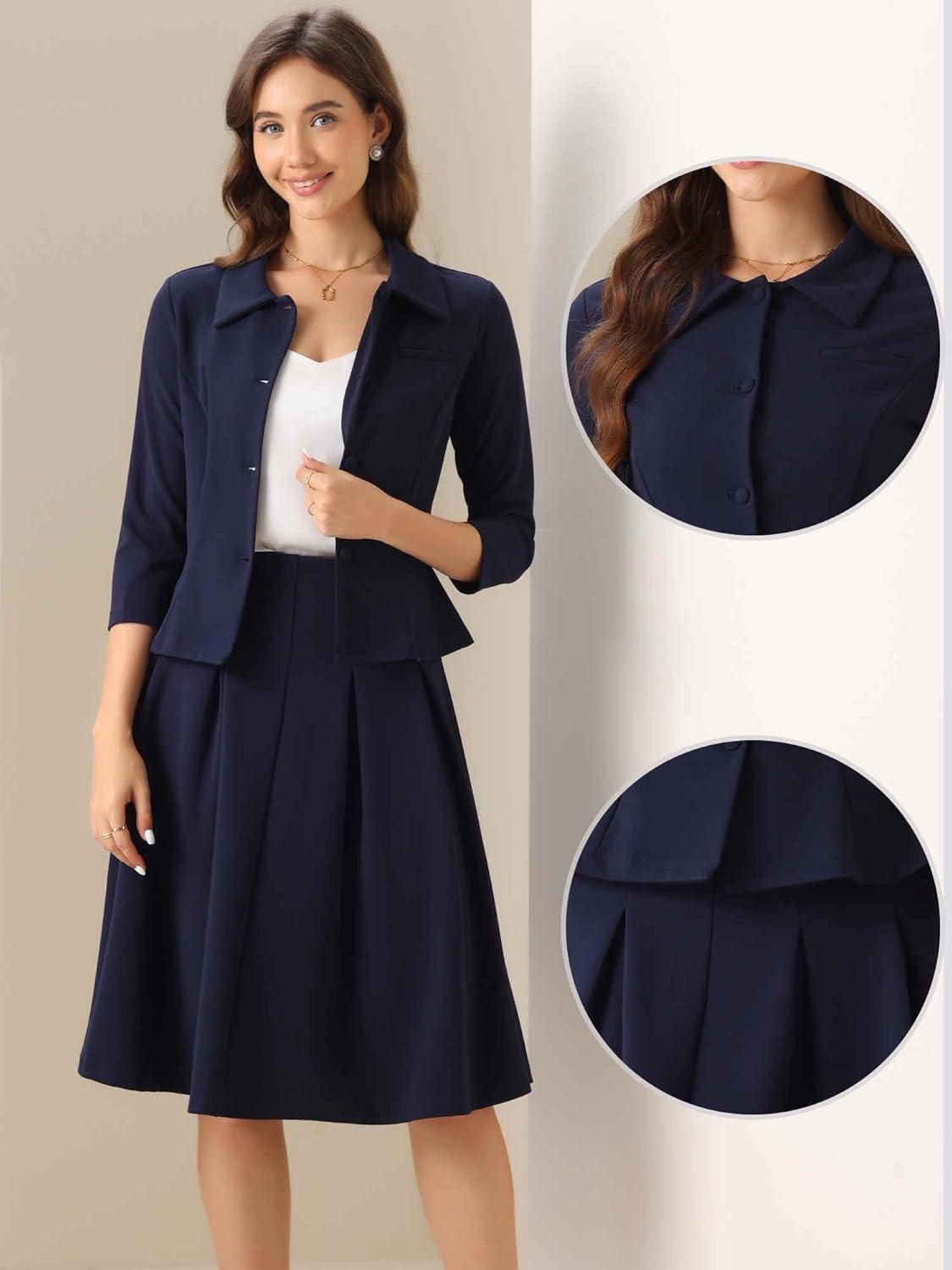 imageAllegra K Business Skirt Suit Sets for Womens 2 Piece Outfits Office 34 Sleeve Blazer Jacket Pleated SkirtsDark Blue