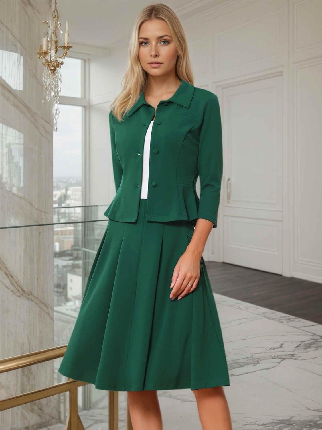 imageAllegra K Business Skirt Suit Sets for Womens 2 Piece Outfits Office 34 Sleeve Blazer Jacket Pleated SkirtsDark Green