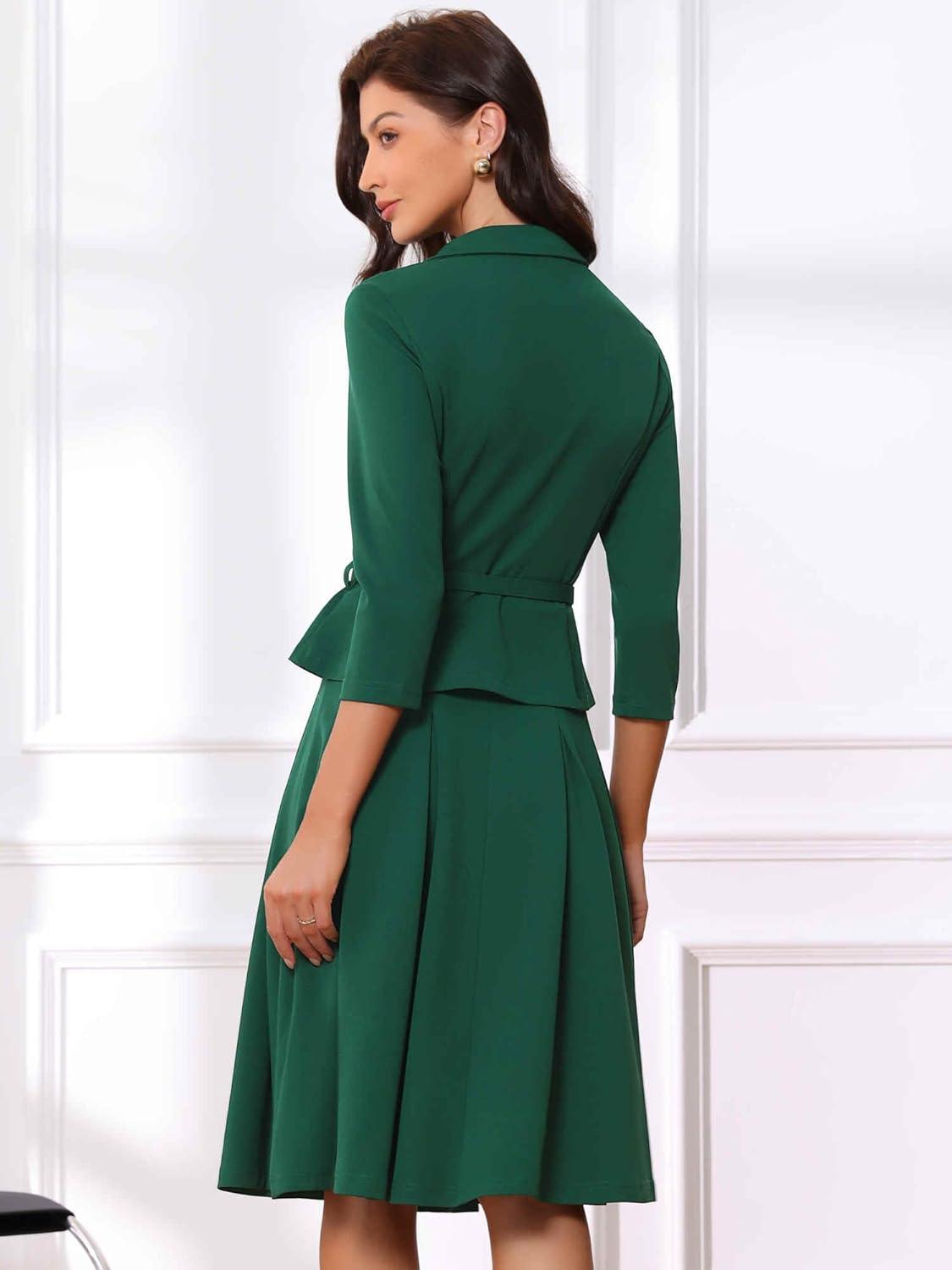 imageAllegra K Business Skirt Suit Sets for Womens 2 Piece Outfits Office 34 Sleeve Blazer Jacket Pleated SkirtsDark Green