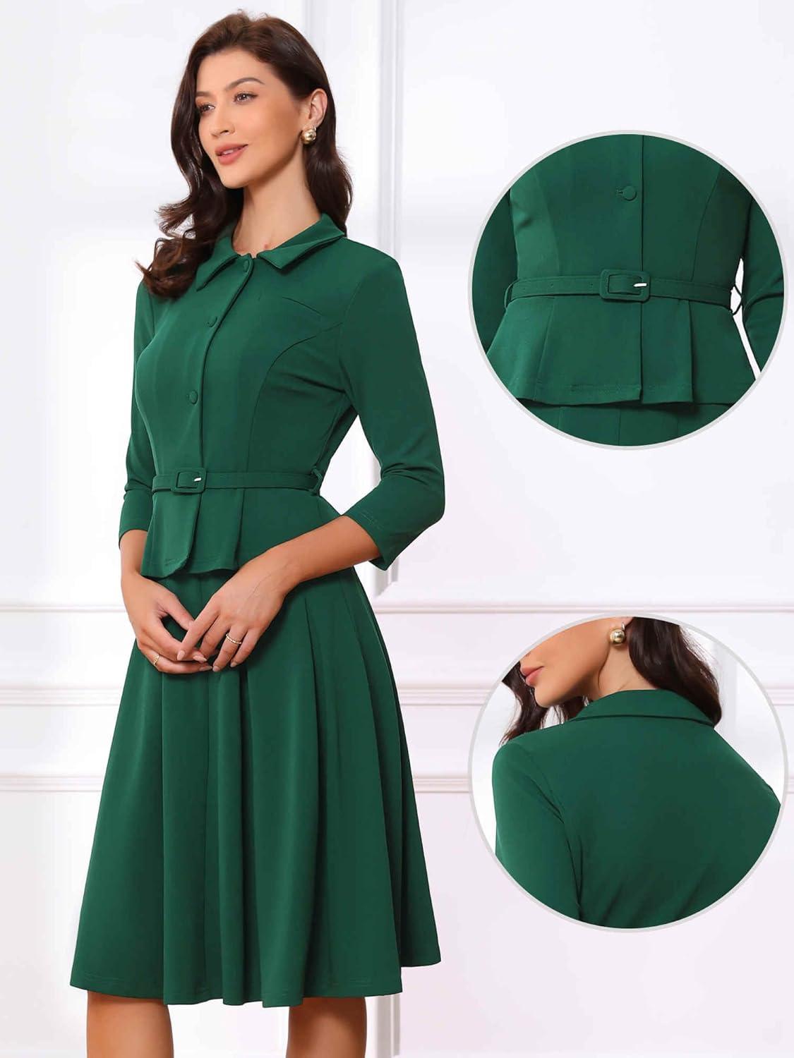 imageAllegra K Business Skirt Suit Sets for Womens 2 Piece Outfits Office 34 Sleeve Blazer Jacket Pleated SkirtsDark Green