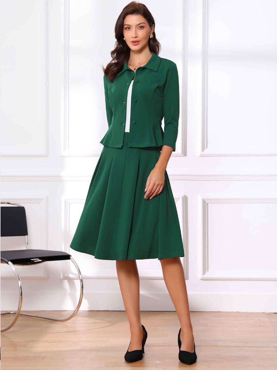 imageAllegra K Business Skirt Suit Sets for Womens 2 Piece Outfits Office 34 Sleeve Blazer Jacket Pleated SkirtsDark Green