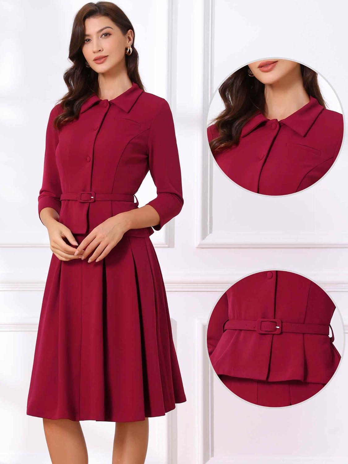 imageAllegra K Business Skirt Suit Sets for Womens 2 Piece Outfits Office 34 Sleeve Blazer Jacket Pleated SkirtsDark Red