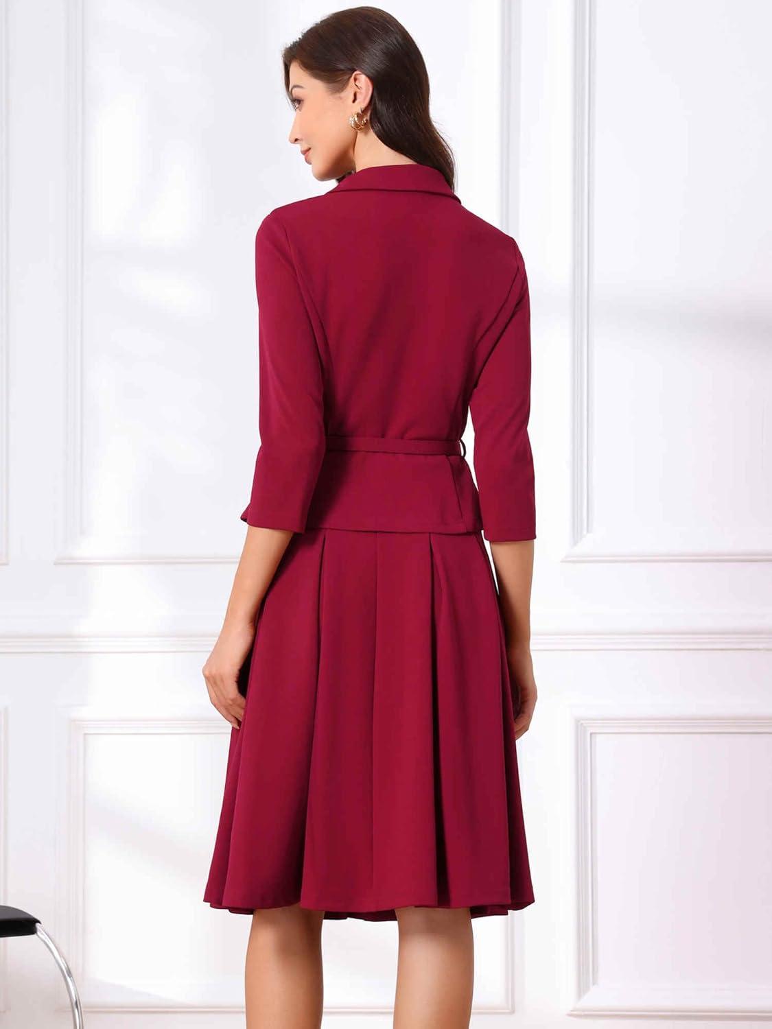 imageAllegra K Business Skirt Suit Sets for Womens 2 Piece Outfits Office 34 Sleeve Blazer Jacket Pleated SkirtsDark Red