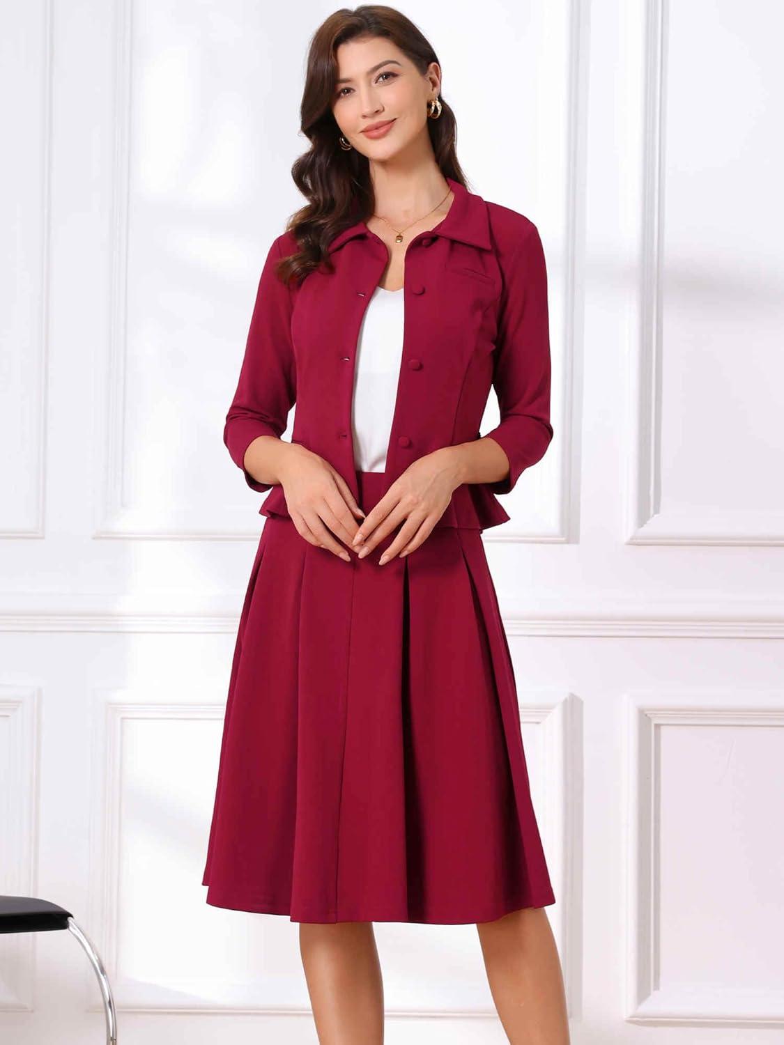imageAllegra K Business Skirt Suit Sets for Womens 2 Piece Outfits Office 34 Sleeve Blazer Jacket Pleated SkirtsDark Red