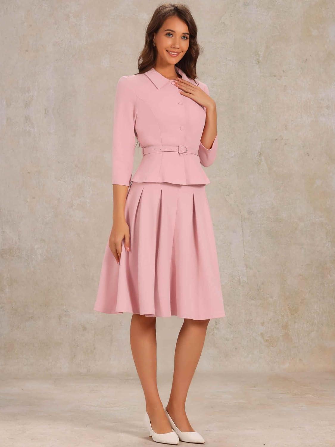 imageAllegra K Business Skirt Suit Sets for Womens 2 Piece Outfits Office 34 Sleeve Blazer Jacket Pleated SkirtsDusty Pink