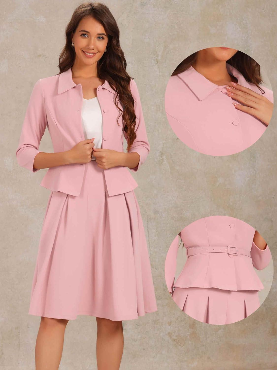 imageAllegra K Business Skirt Suit Sets for Womens 2 Piece Outfits Office 34 Sleeve Blazer Jacket Pleated SkirtsDusty Pink