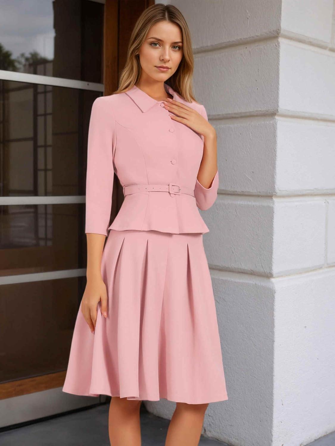 imageAllegra K Business Skirt Suit Sets for Womens 2 Piece Outfits Office 34 Sleeve Blazer Jacket Pleated SkirtsDusty Pink