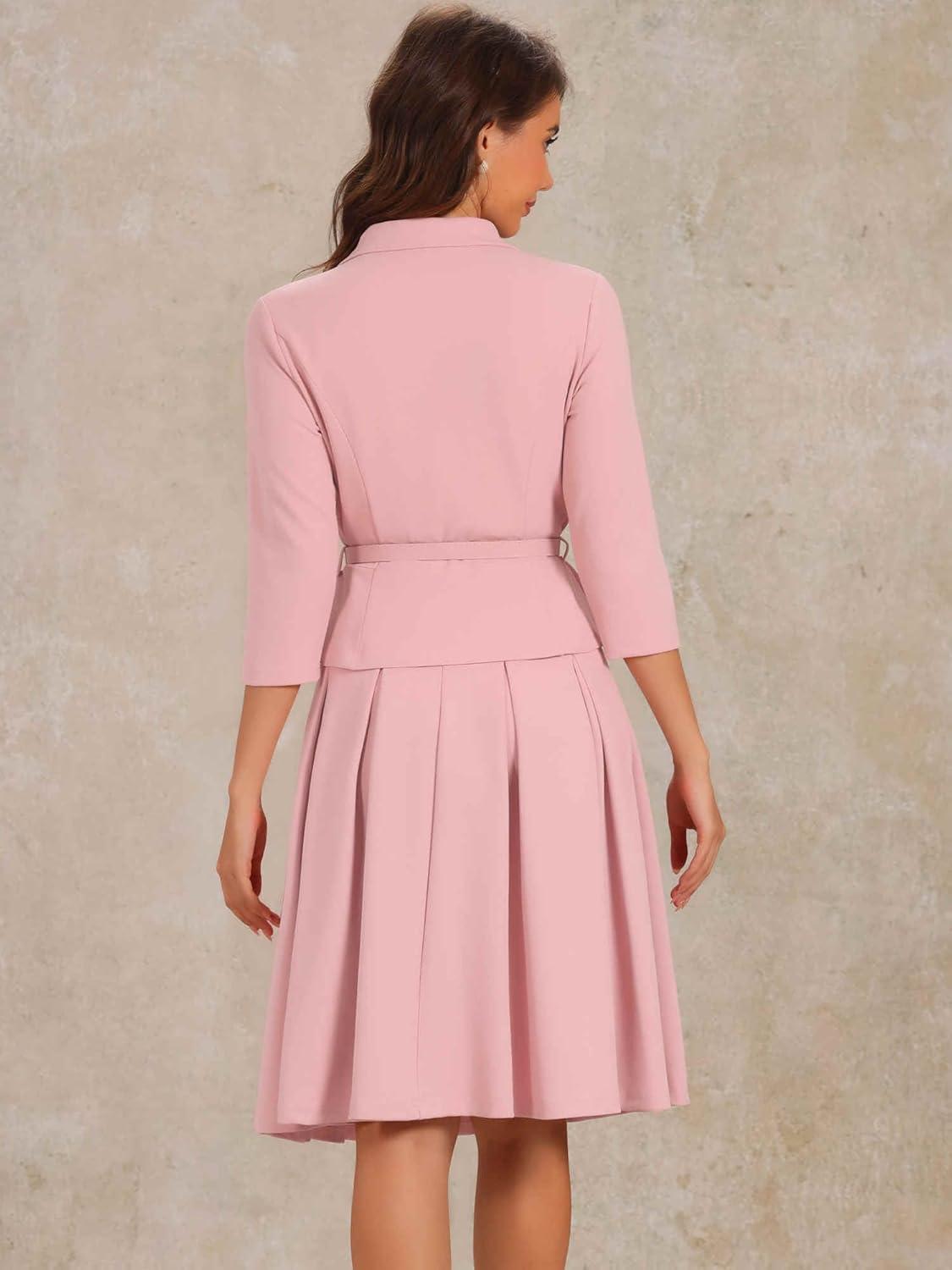 imageAllegra K Business Skirt Suit Sets for Womens 2 Piece Outfits Office 34 Sleeve Blazer Jacket Pleated SkirtsDusty Pink
