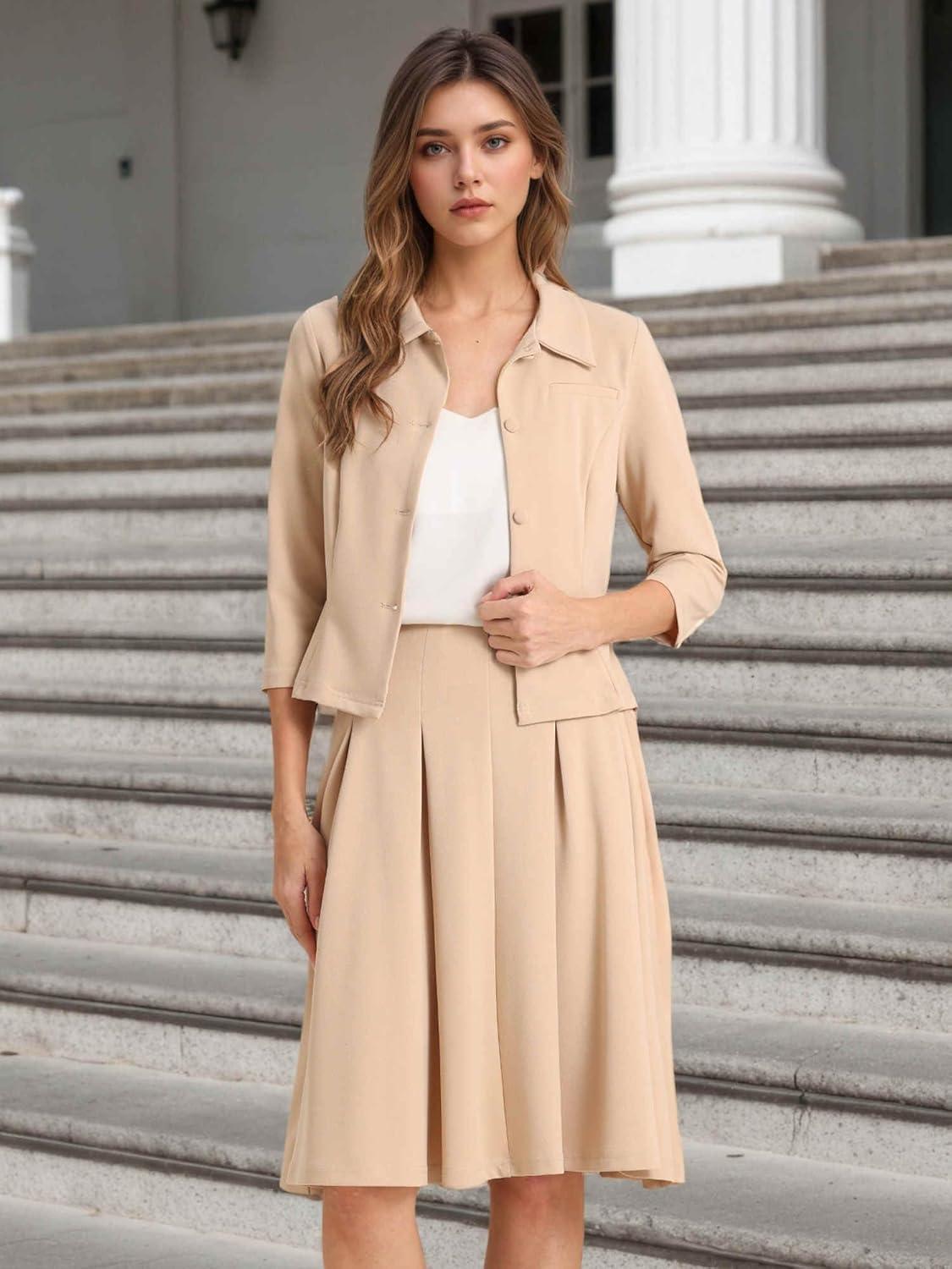 imageAllegra K Business Skirt Suit Sets for Womens 2 Piece Outfits Office 34 Sleeve Blazer Jacket Pleated SkirtsKhaki