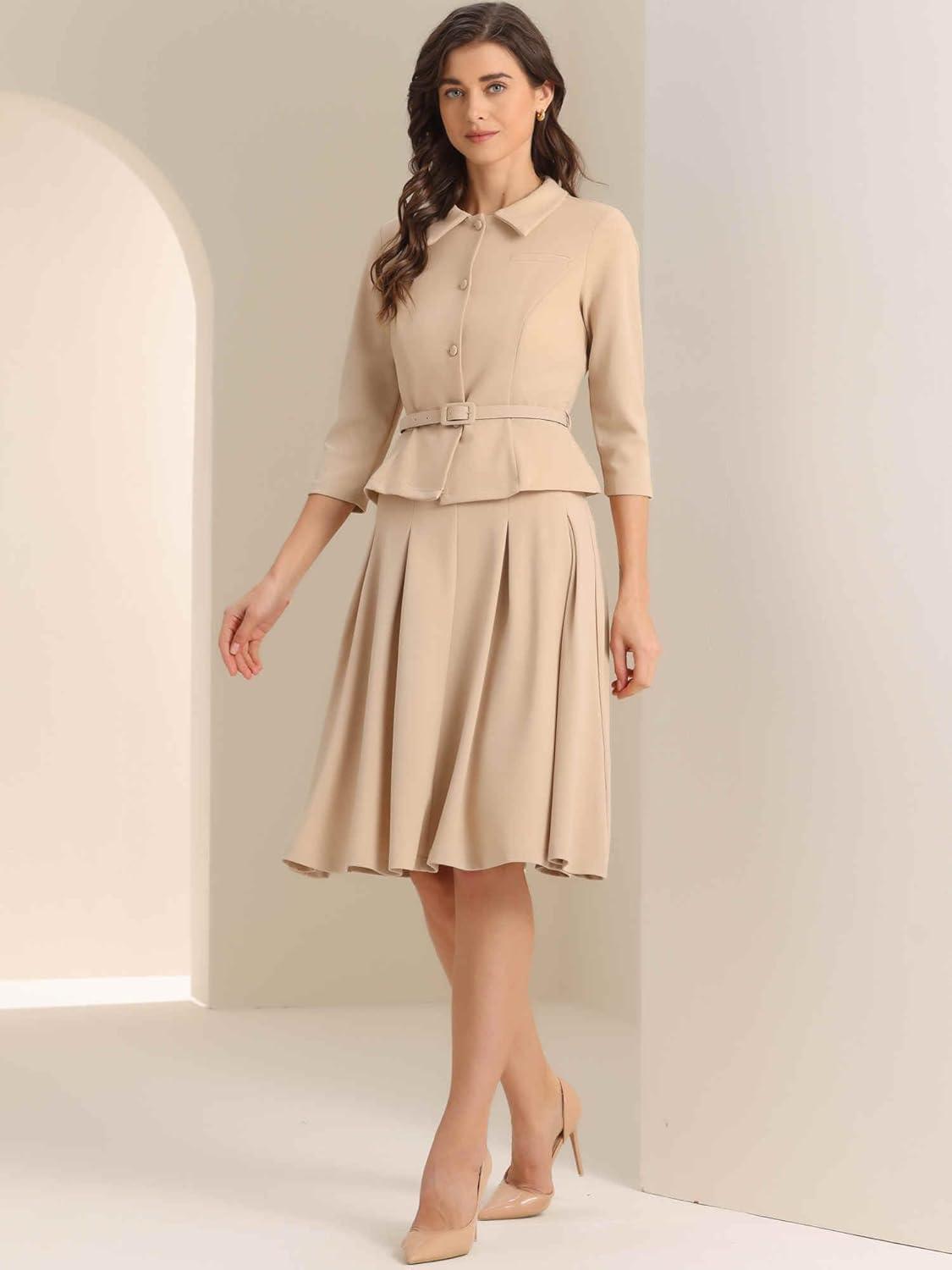 imageAllegra K Business Skirt Suit Sets for Womens 2 Piece Outfits Office 34 Sleeve Blazer Jacket Pleated SkirtsKhaki