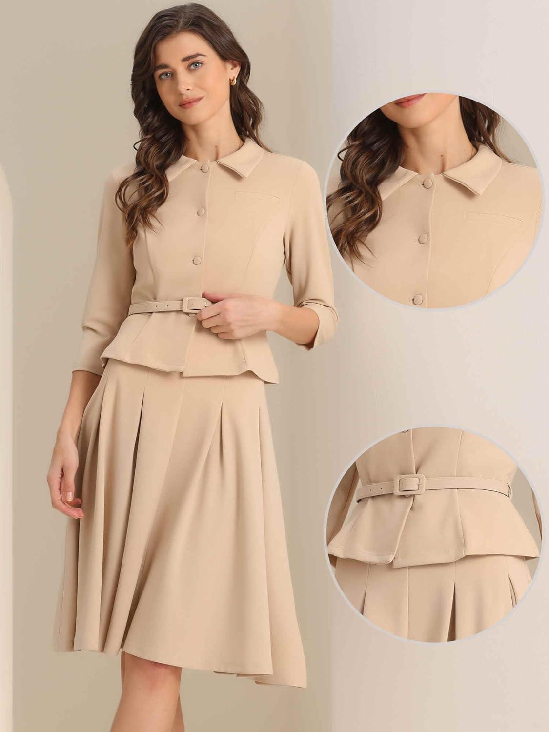 imageAllegra K Business Skirt Suit Sets for Womens 2 Piece Outfits Office 34 Sleeve Blazer Jacket Pleated SkirtsKhaki