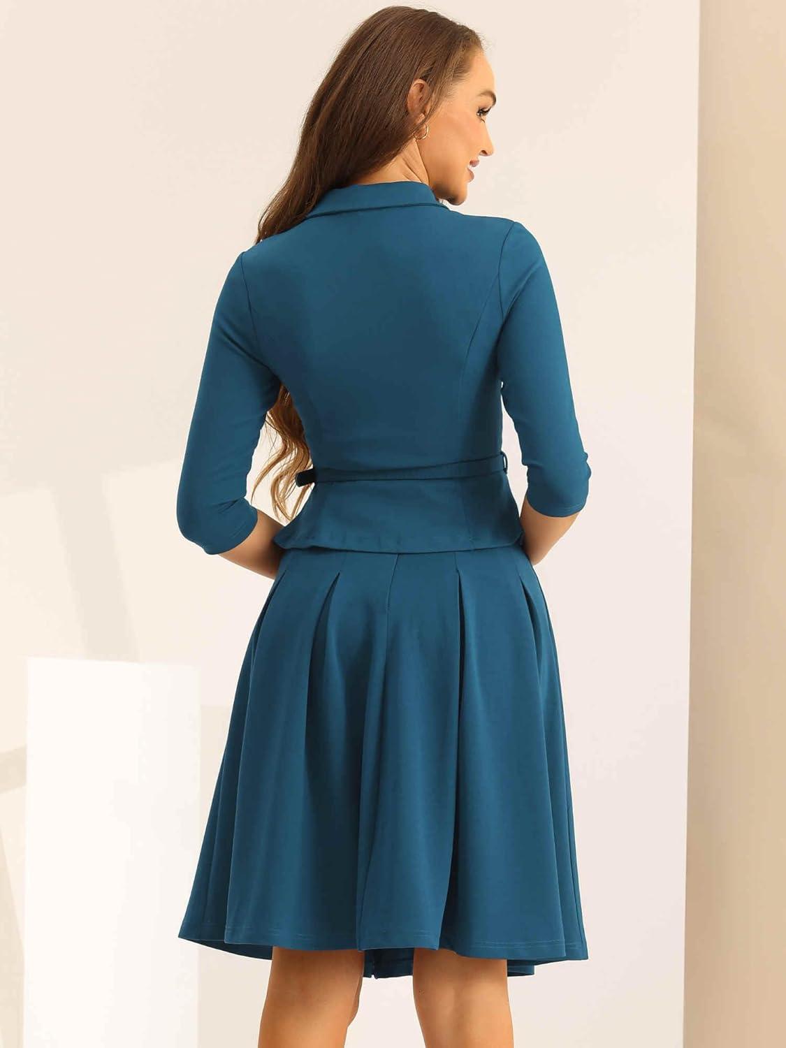 imageAllegra K Business Skirt Suit Sets for Womens 2 Piece Outfits Office 34 Sleeve Blazer Jacket Pleated SkirtsLake Blue