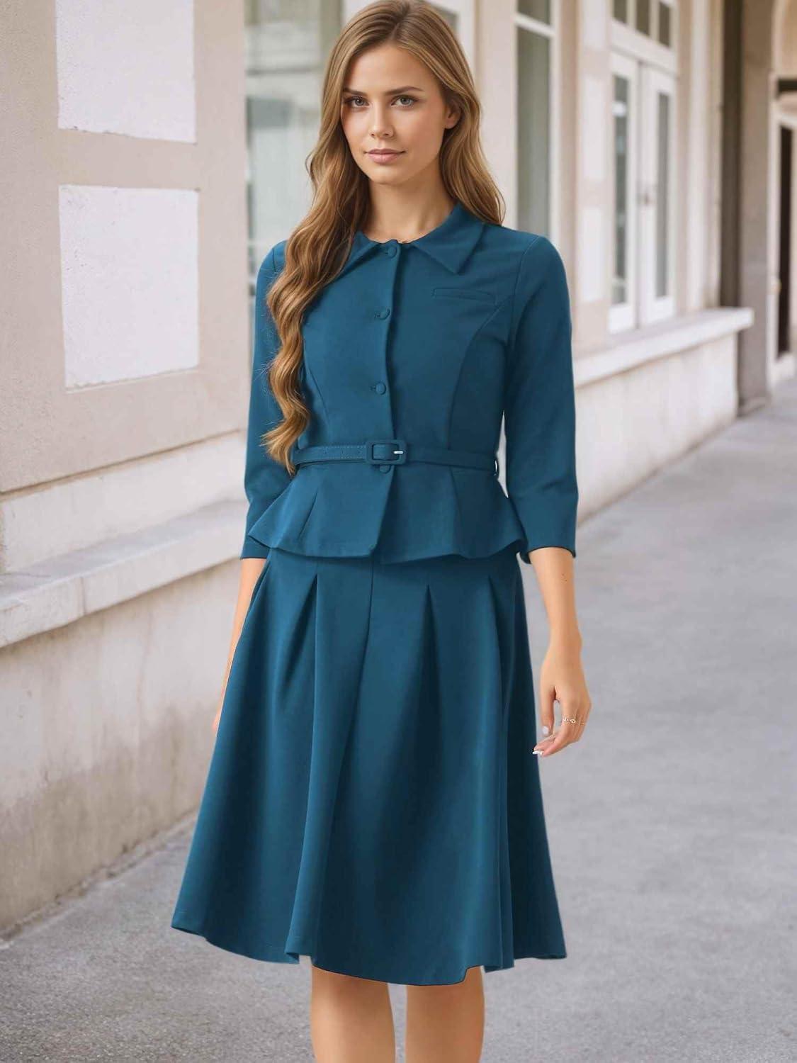 imageAllegra K Business Skirt Suit Sets for Womens 2 Piece Outfits Office 34 Sleeve Blazer Jacket Pleated SkirtsLake Blue
