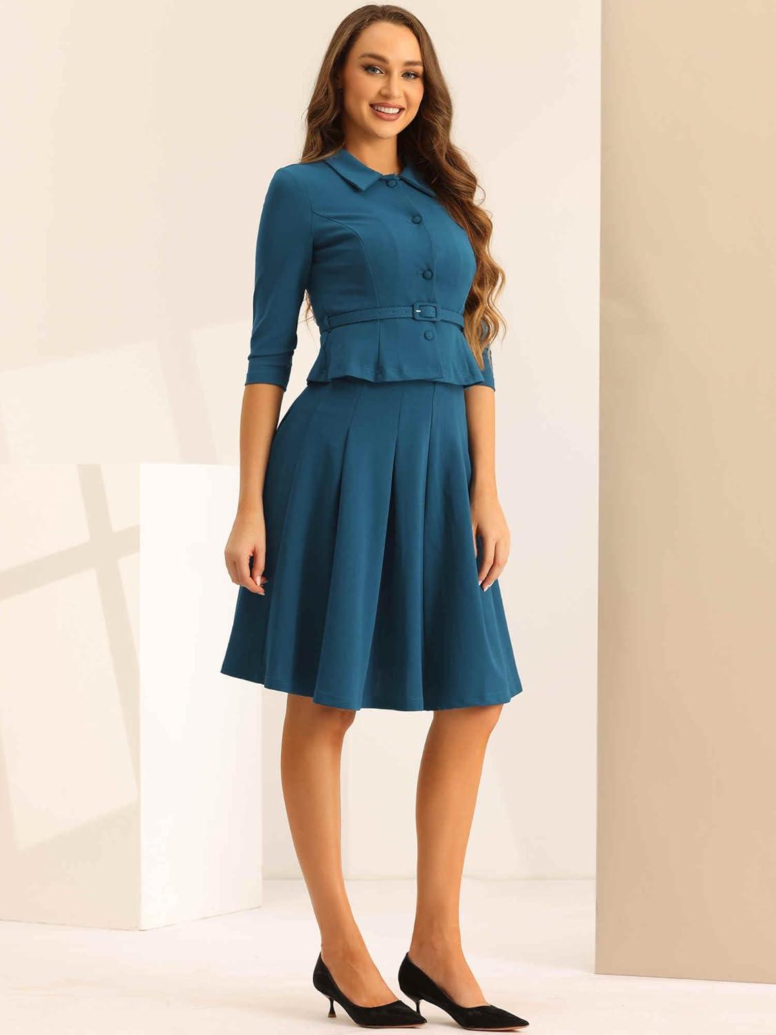 imageAllegra K Business Skirt Suit Sets for Womens 2 Piece Outfits Office 34 Sleeve Blazer Jacket Pleated SkirtsLake Blue